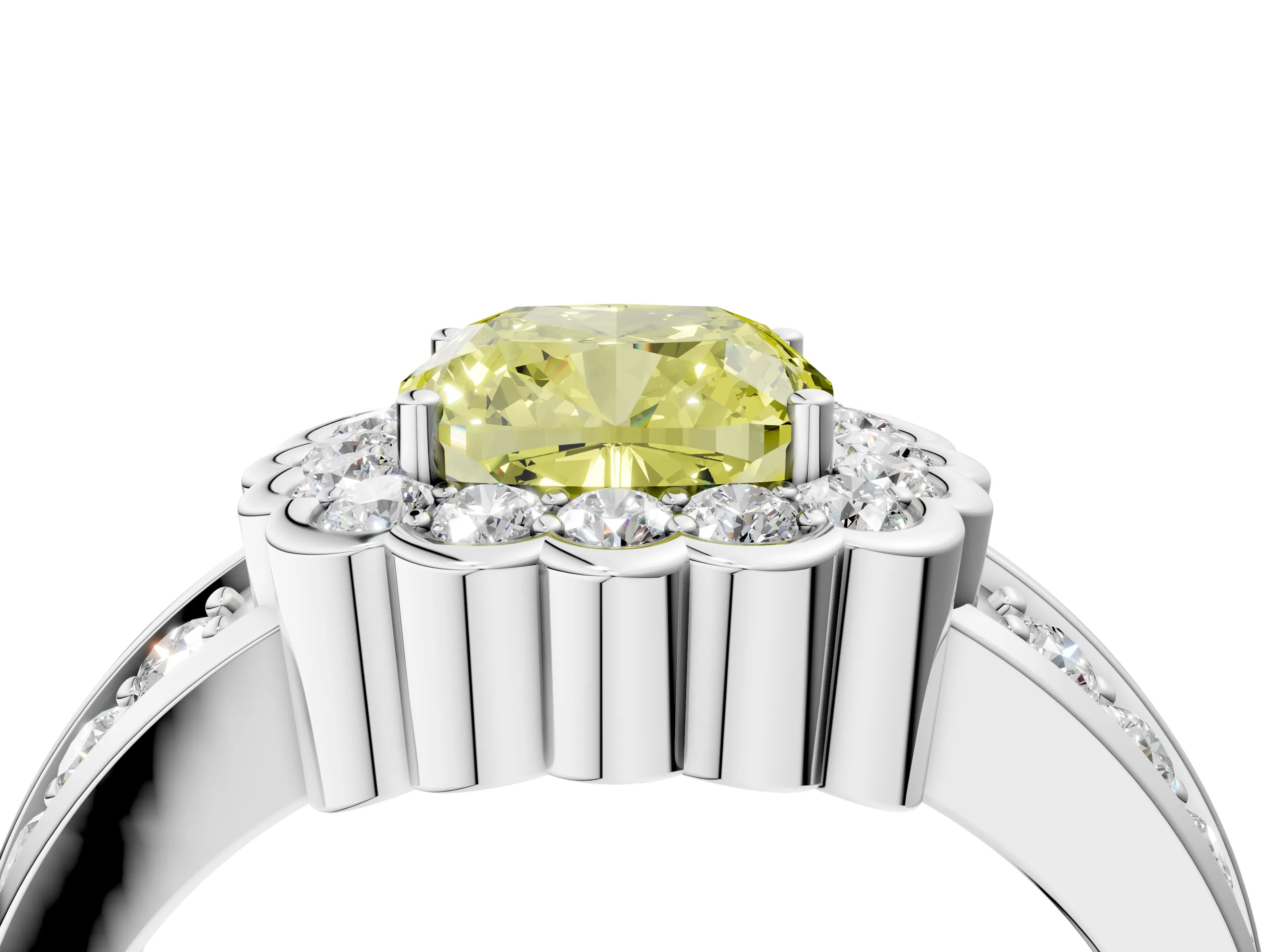 White gold Fancy Yellow Cushion Cut Halo Diamond Split Shank Ring with Scalloped Prong Setting_16