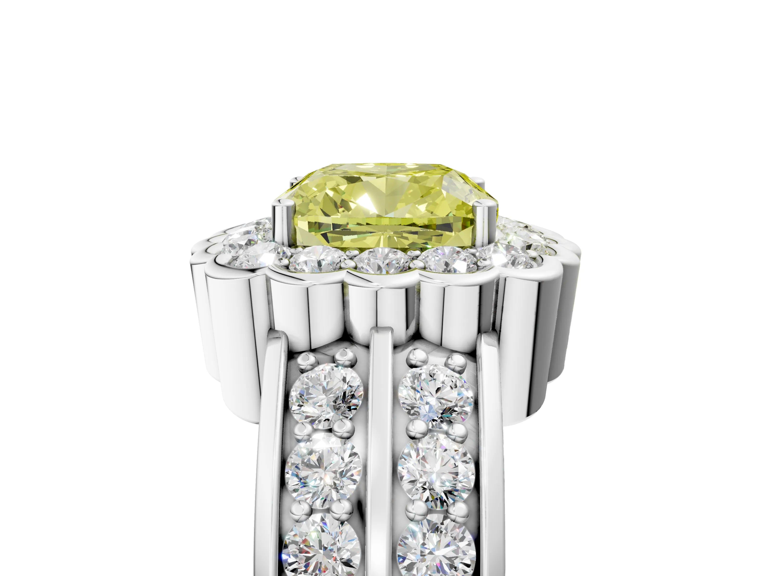 White gold Fancy Yellow Cushion Cut Halo Diamond Split Shank Ring with Scalloped Prong Setting_17