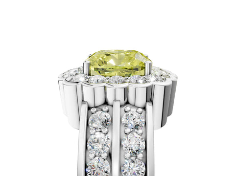 White gold Fancy Yellow Cushion Cut Halo Diamond Split Shank Ring with Scalloped Prong Setting_17
