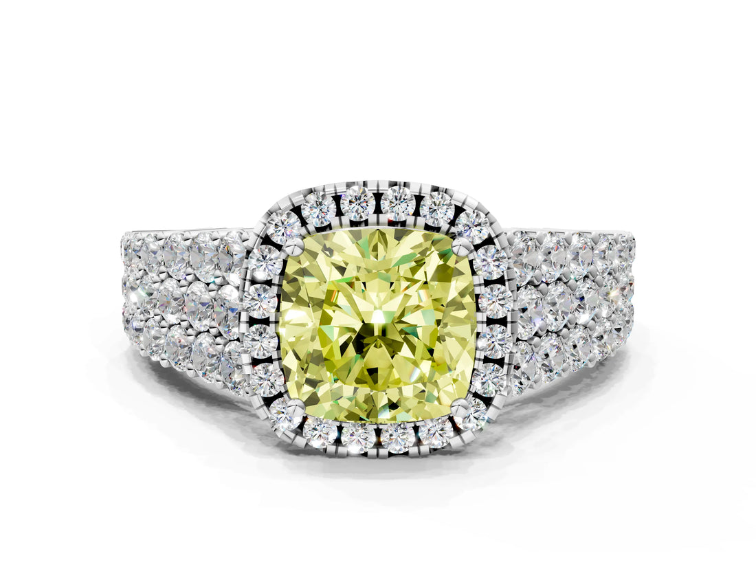 White gold Fancy Yellow Cushion Cut Halo Pavé Diamond Engagement Ring with Split Shank and Four-Prong Setting_3