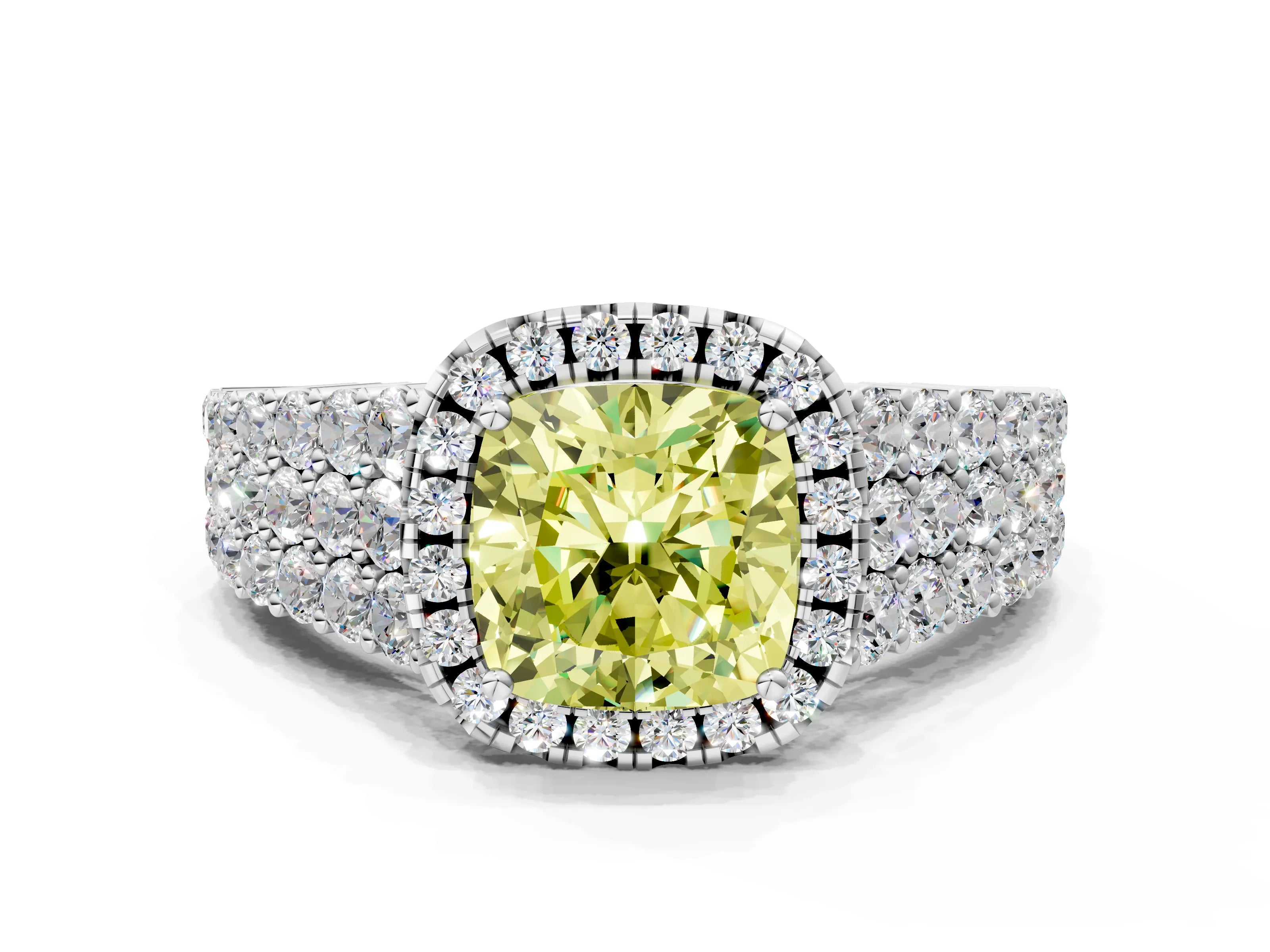 White gold Fancy Yellow Cushion Cut Halo Pavé Diamond Engagement Ring with Split Shank and Four-Prong Setting_3