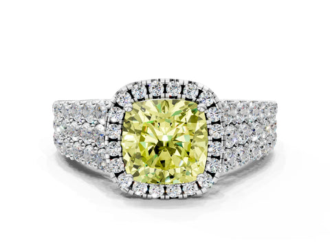 White gold Fancy Yellow Cushion Cut Halo Pavé Diamond Engagement Ring with Split Shank and Four-Prong Setting_3