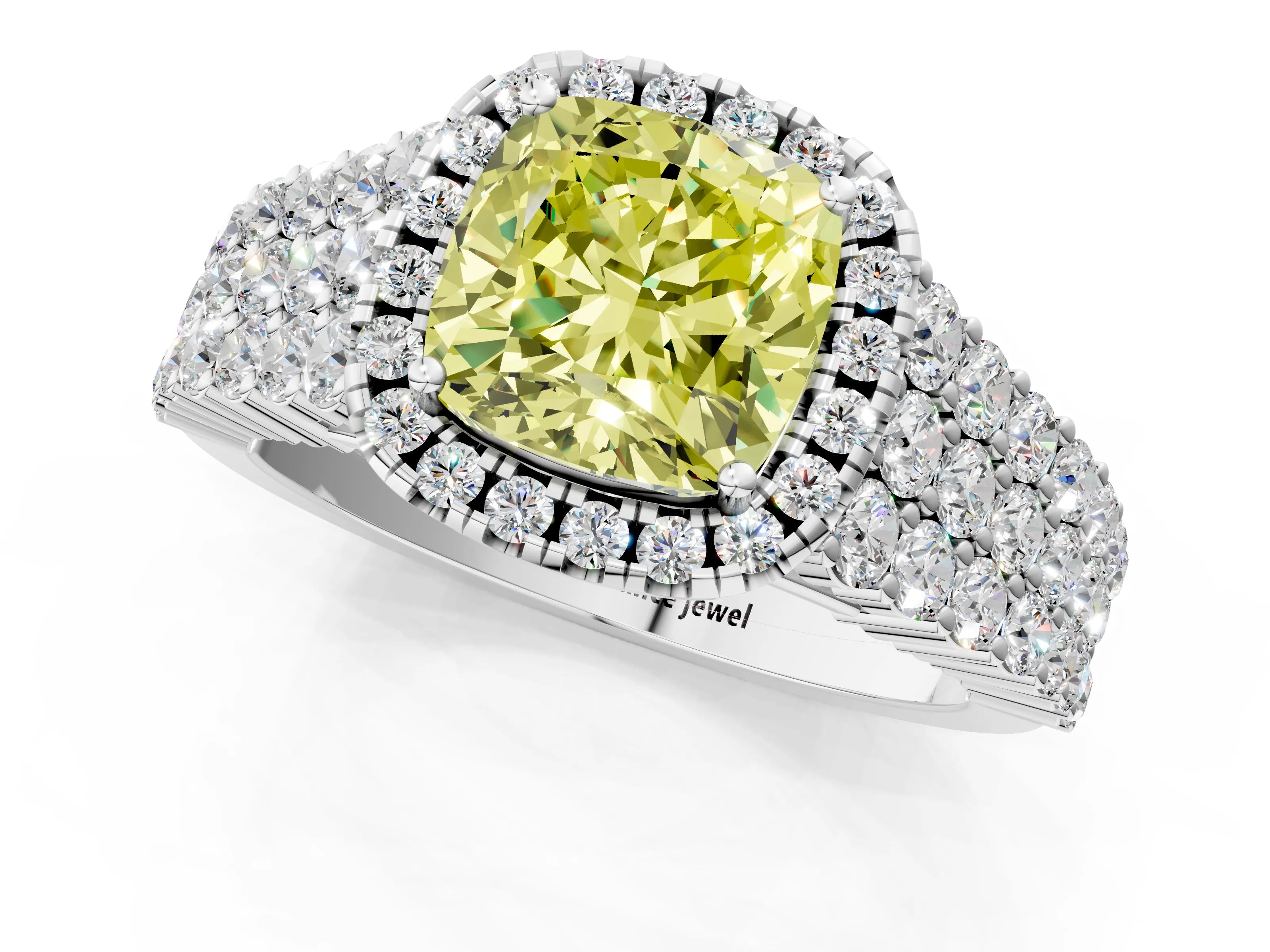 White gold Fancy Yellow Cushion Cut Halo Pavé Diamond Engagement Ring with Split Shank and Four-Prong Setting_4