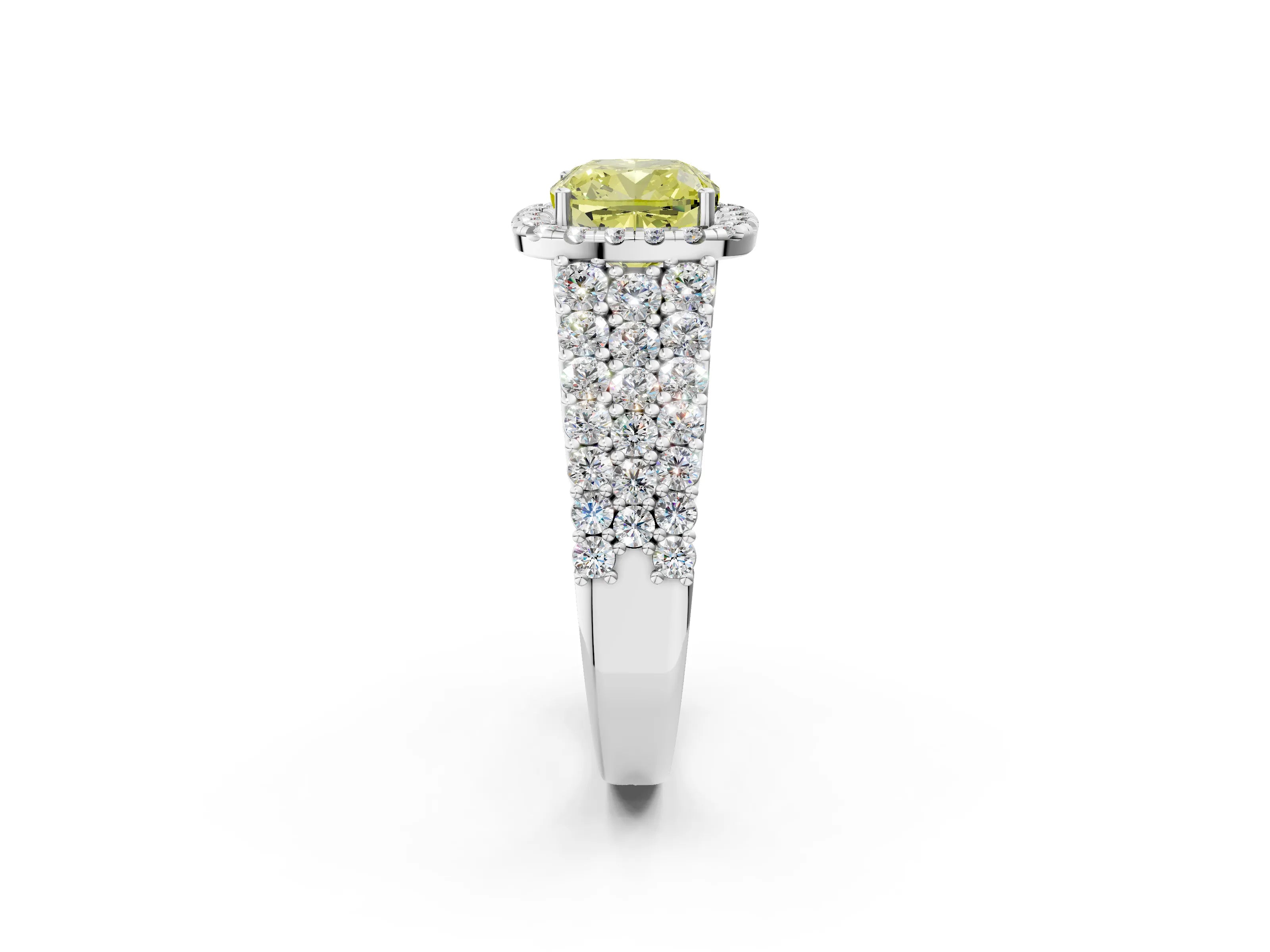 White gold Fancy Yellow Cushion Cut Halo Pavé Diamond Engagement Ring with Split Shank and Four-Prong Setting_5