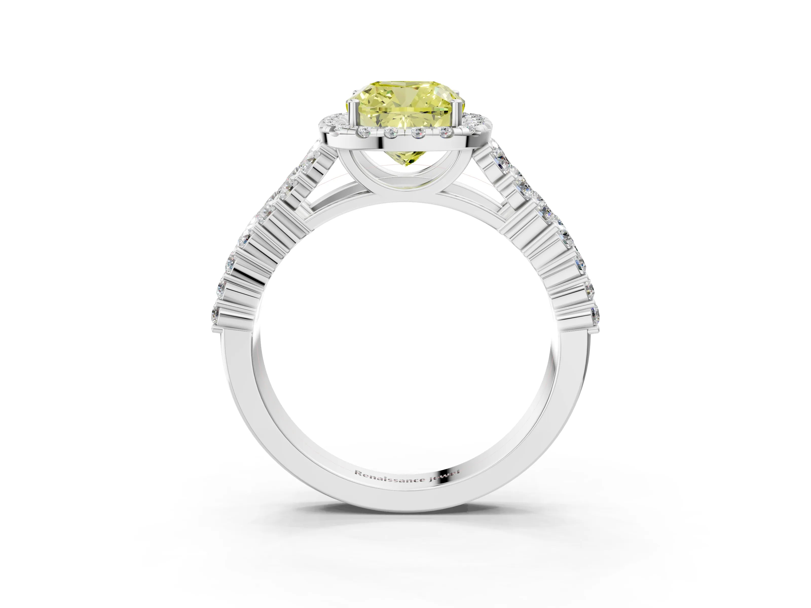 White gold Fancy Yellow Cushion Cut Halo Pavé Diamond Engagement Ring with Split Shank and Four-Prong Setting_6