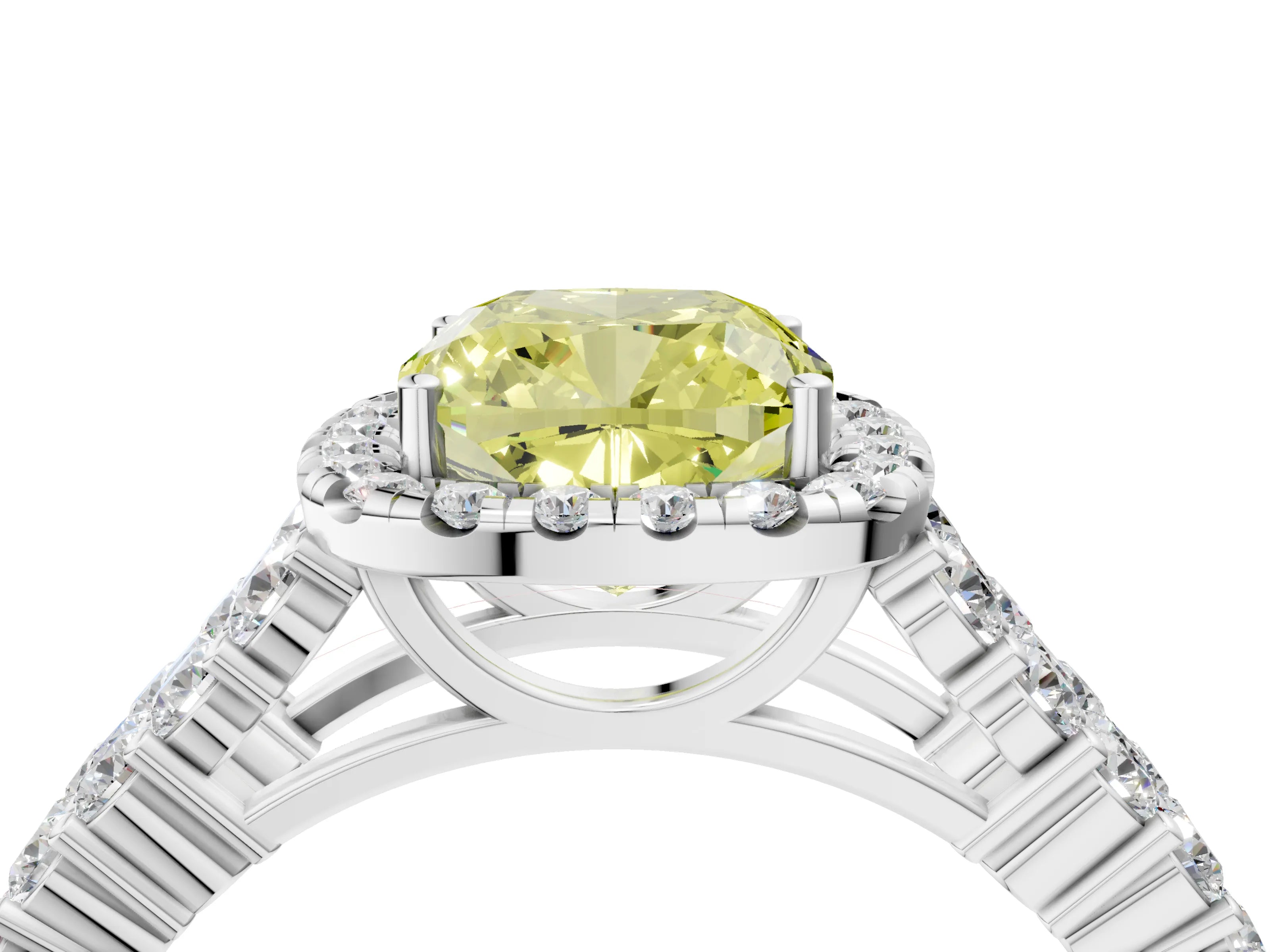 White gold Fancy Yellow Cushion Cut Halo Pavé Diamond Engagement Ring with Split Shank and Four-Prong Setting_7