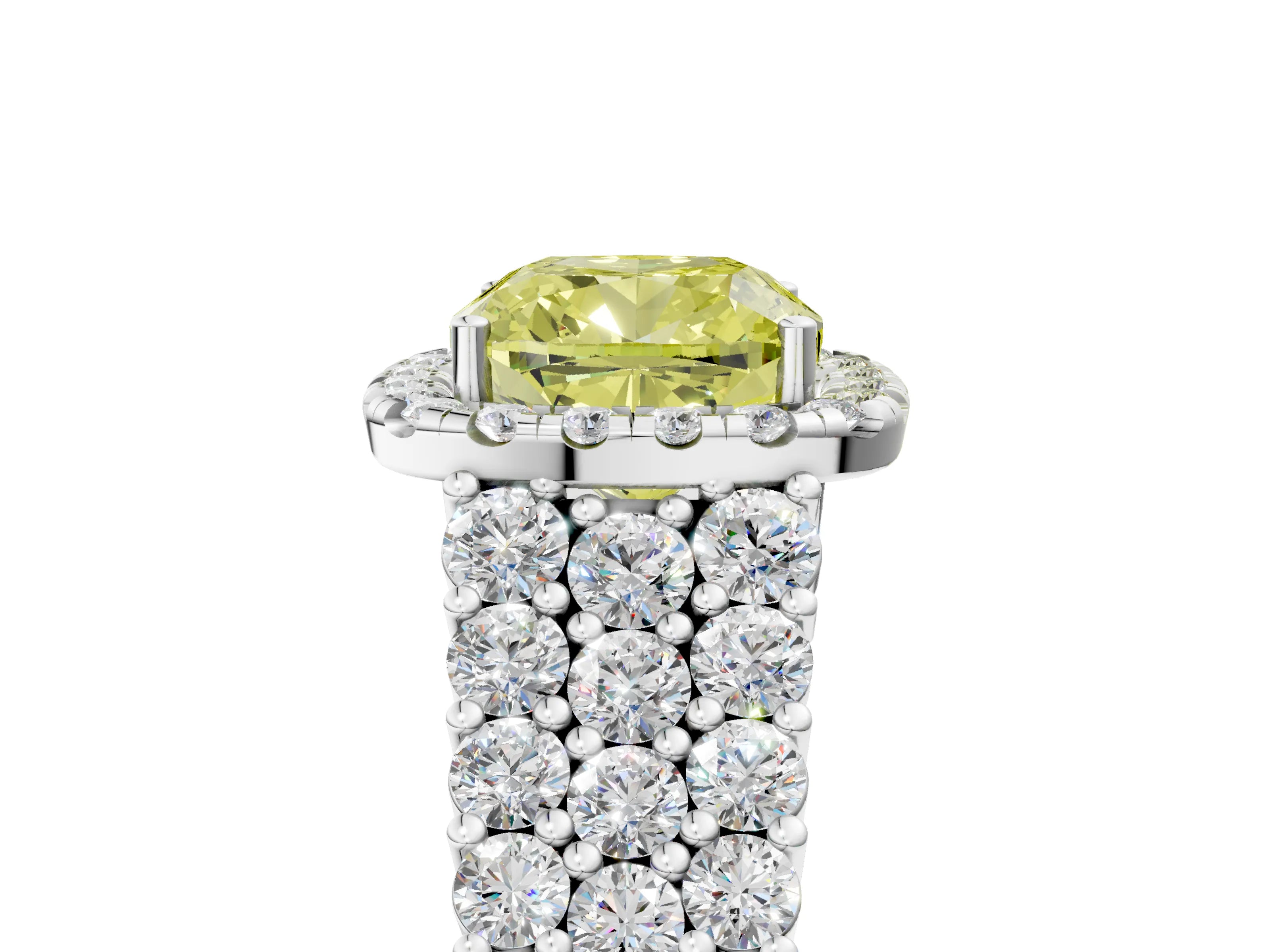 White gold Fancy Yellow Cushion Cut Halo Pavé Diamond Engagement Ring with Split Shank and Four-Prong Setting_8