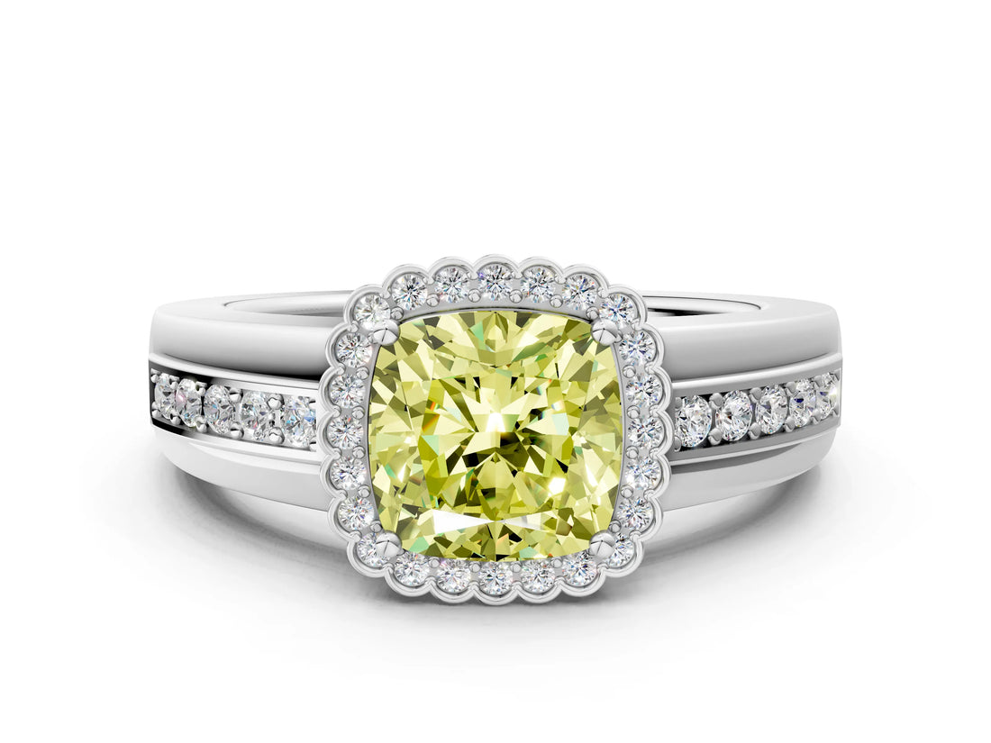 White gold Fancy Yellow Cushion  Cut Halo Pave Band Four-Prong Ring_48