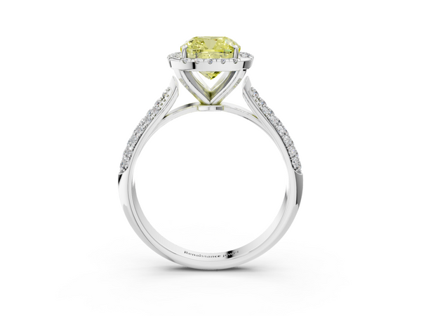 Platinum Fancy Yellow Cushion  Cut Halo Pave Band Four-Prong Setting Ring