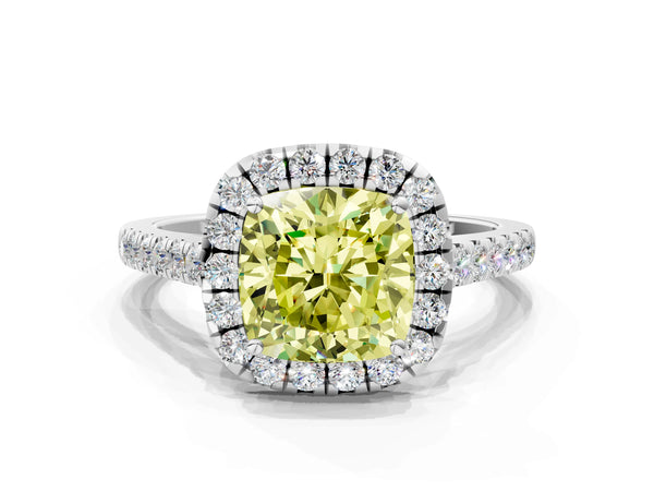 Platinum Fancy Yellow Cushion Cut Halo Pave Diamond Engagement Ring with Four-Prong Setting