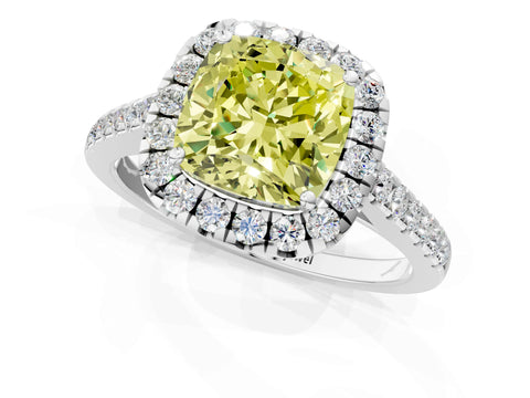 White gold Fancy Yellow Cushion Cut Halo Pave Diamond Engagement Ring with Four-Prong Setting_1