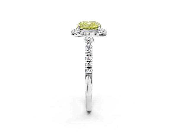 Platinum Fancy Yellow Cushion Cut Halo Pave Diamond Engagement Ring with Four-Prong Setting