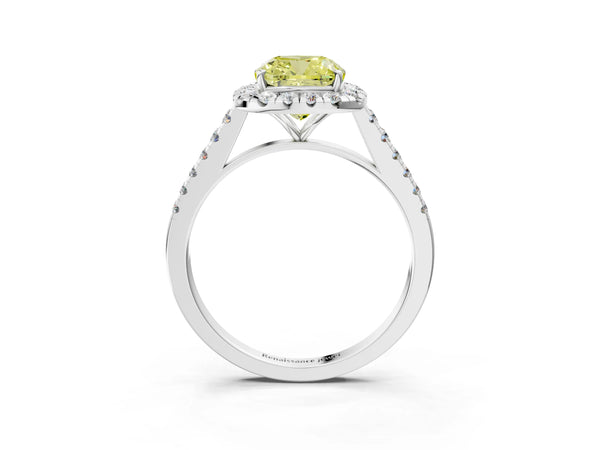Platinum Fancy Yellow Cushion Cut Halo Pave Diamond Engagement Ring with Four-Prong Setting