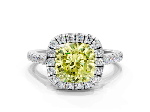 White gold Fancy Yellow Cushion Cut Halo Pave Diamond Engagement Ring with Four-Prong Setting
