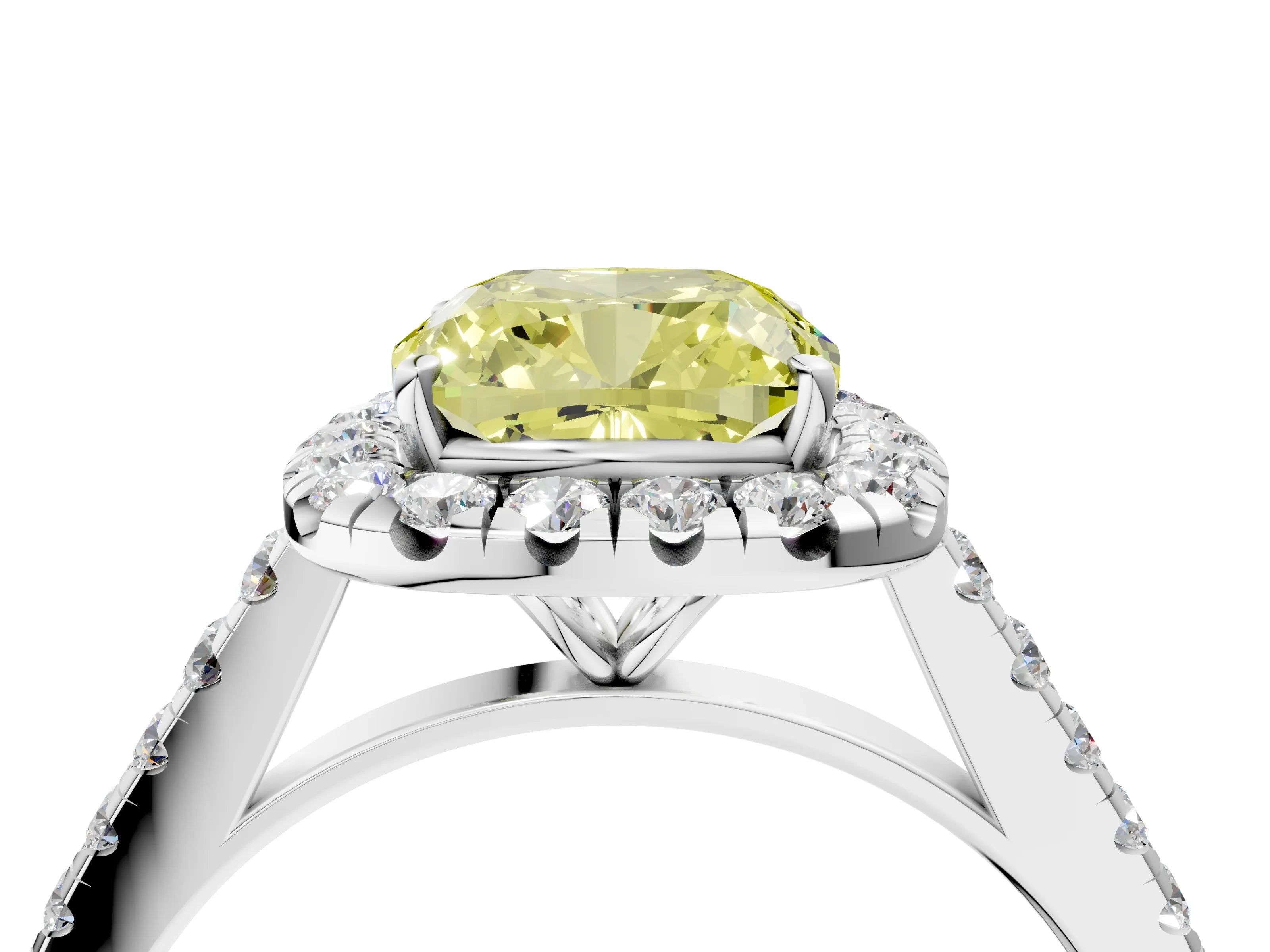 White gold Fancy Yellow Cushion Cut Halo Pave Diamond Engagement Ring with Four-Prong Setting_4