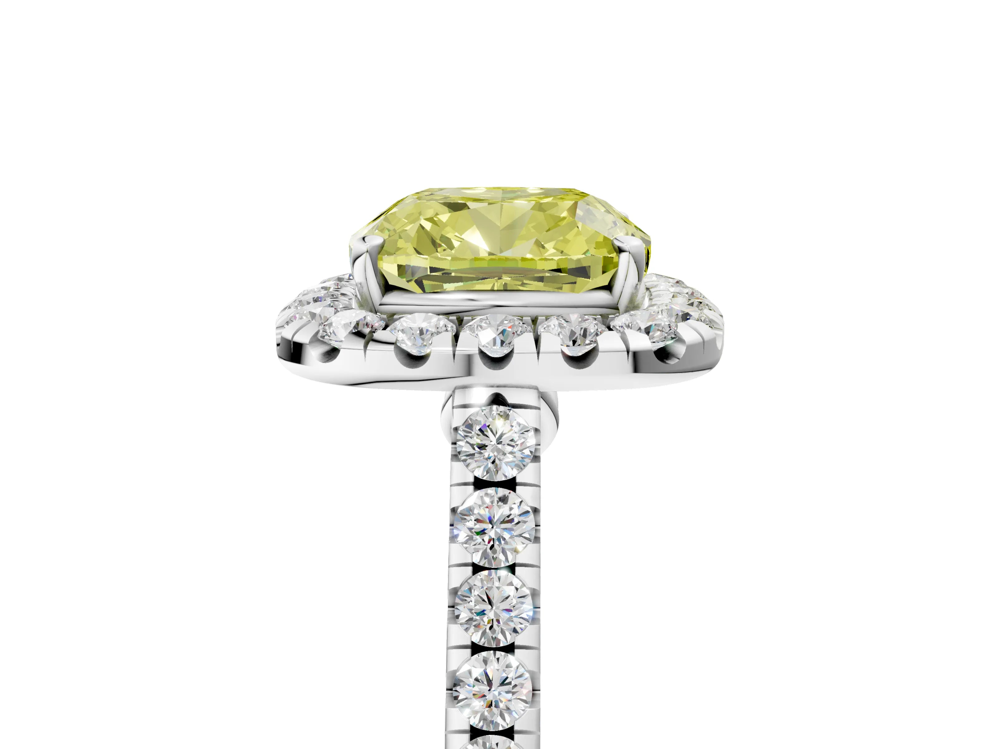 White gold Fancy Yellow Cushion Cut Halo Pave Diamond Engagement Ring with Four-Prong Setting_5