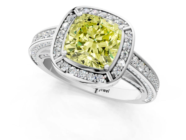 White gold Fancy Yellow Cushion  Cut Halo Pave Split Shank Prong Setting Ring