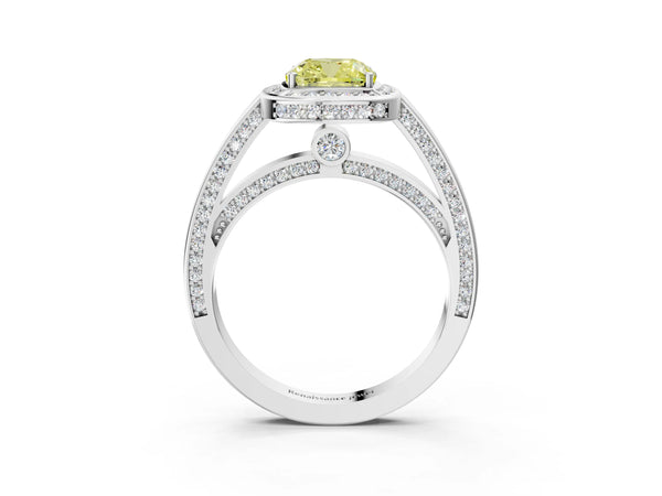 White gold Fancy Yellow Cushion  Cut Halo Pave Split Shank Prong Setting Ring