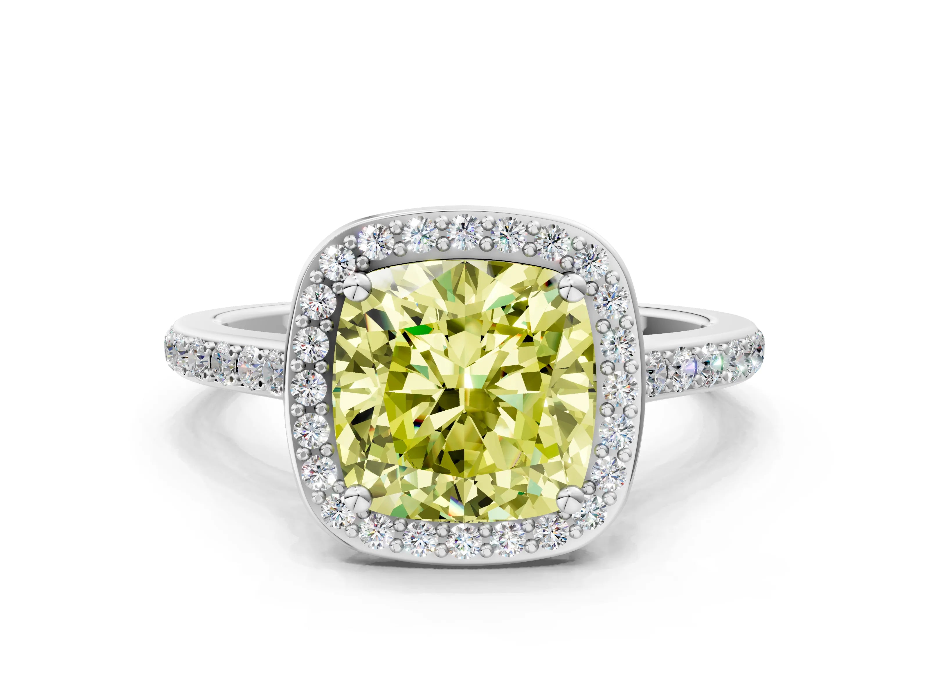 White gold Fancy Yellow Cushion Cut Halo Round Diamond Pavé Band with Four-Prong Setting_15
