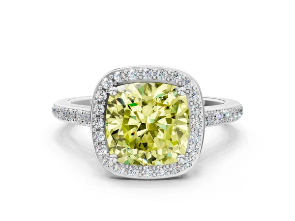 Platinum Fancy Yellow Cushion Cut Halo Round Diamond Pavé Band with Four-Prong Setting