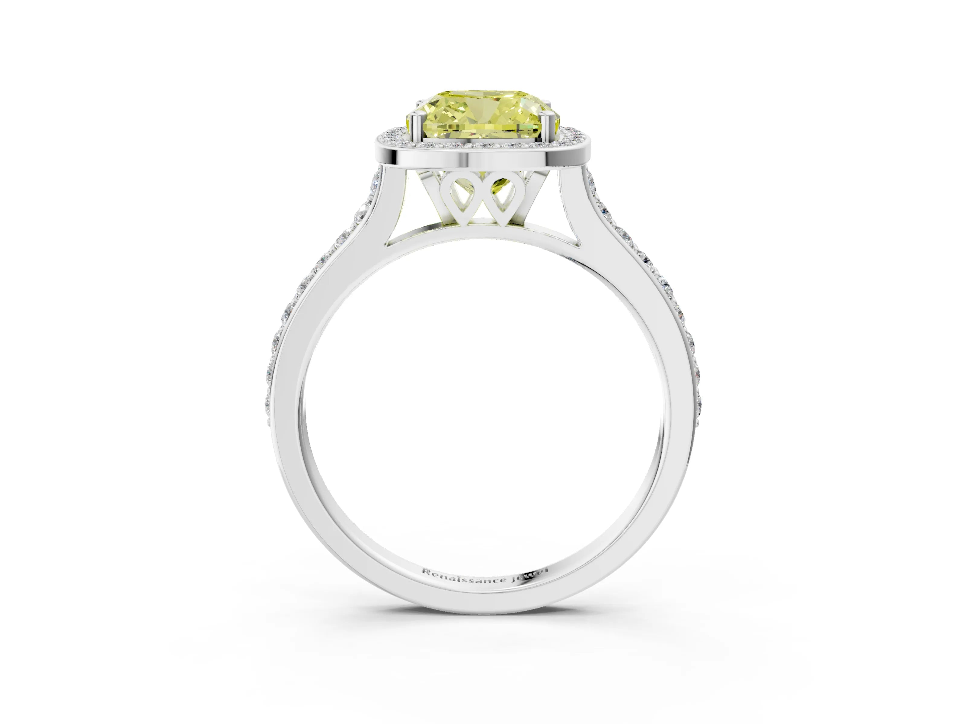 White gold Fancy Yellow Cushion Cut Halo Round Diamond Pavé Band with Four-Prong Setting_18