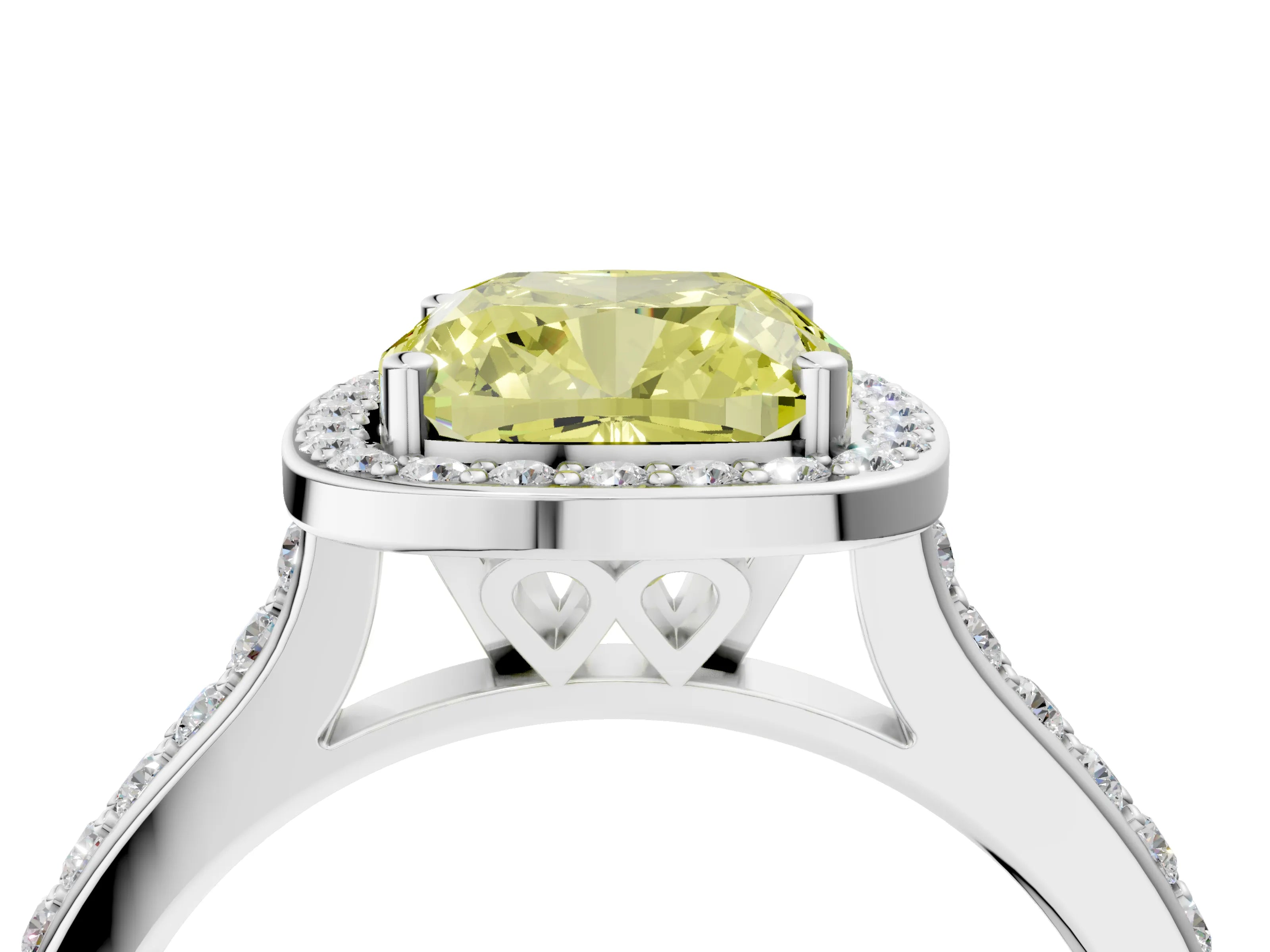 White gold Fancy Yellow Cushion Cut Halo Round Diamond Pavé Band with Four-Prong Setting_19