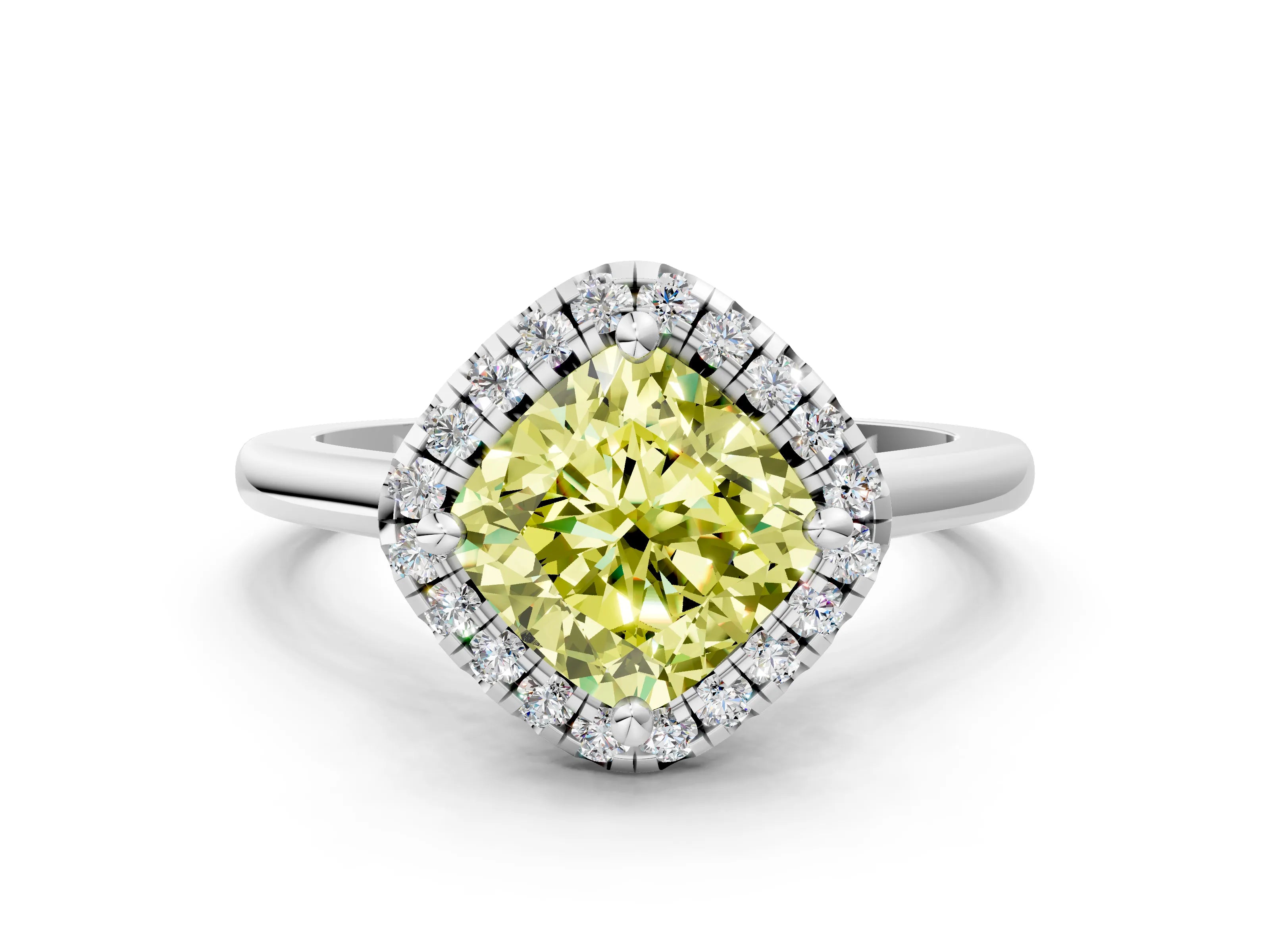 White gold Fancy Yellow Cushion Cut Halo Round Diamond Solitaire Engagement Ring with Pave Band and Four-Prong Setting_24