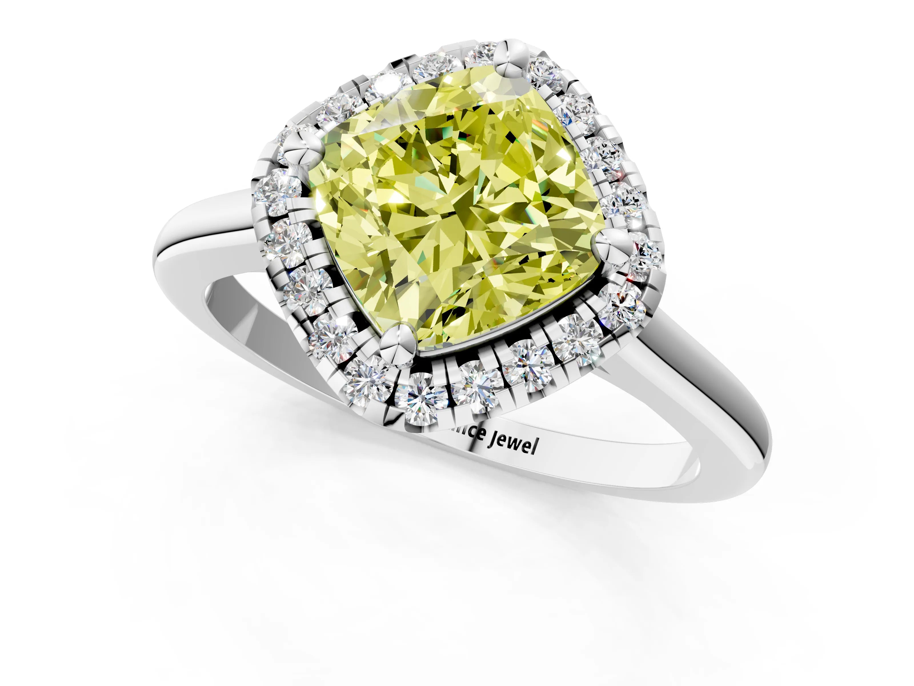 White gold Fancy Yellow Cushion Cut Halo Round Diamond Solitaire Engagement Ring with Pave Band and Four-Prong Setting_25