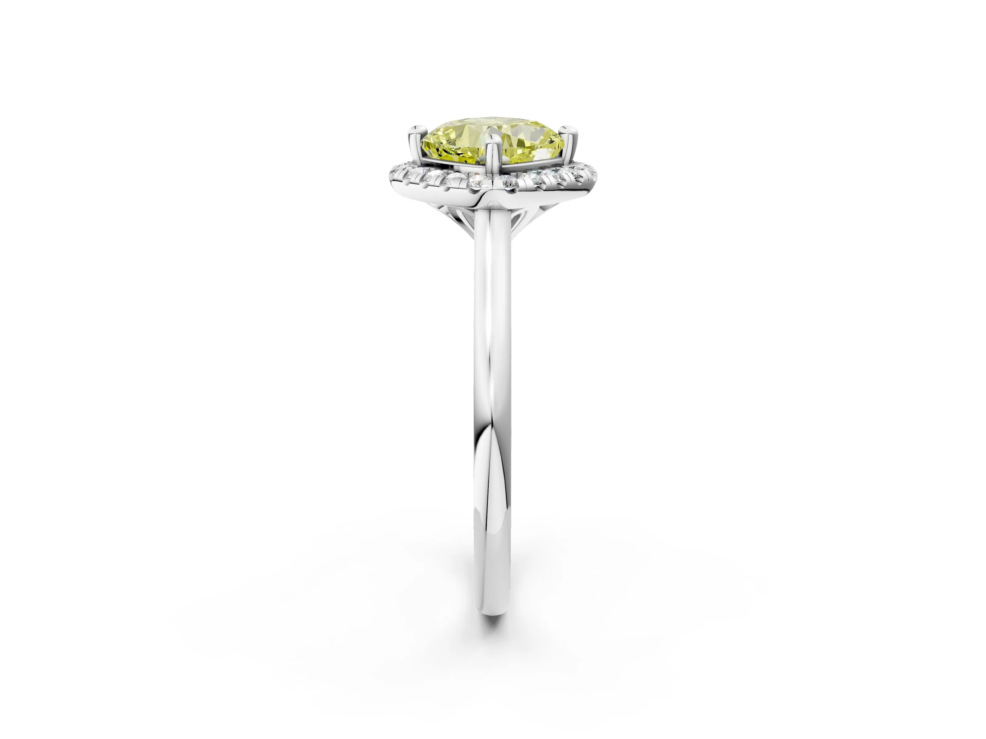 White gold Fancy Yellow Cushion Cut Halo Round Diamond Solitaire Engagement Ring with Pave Band and Four-Prong Setting_26