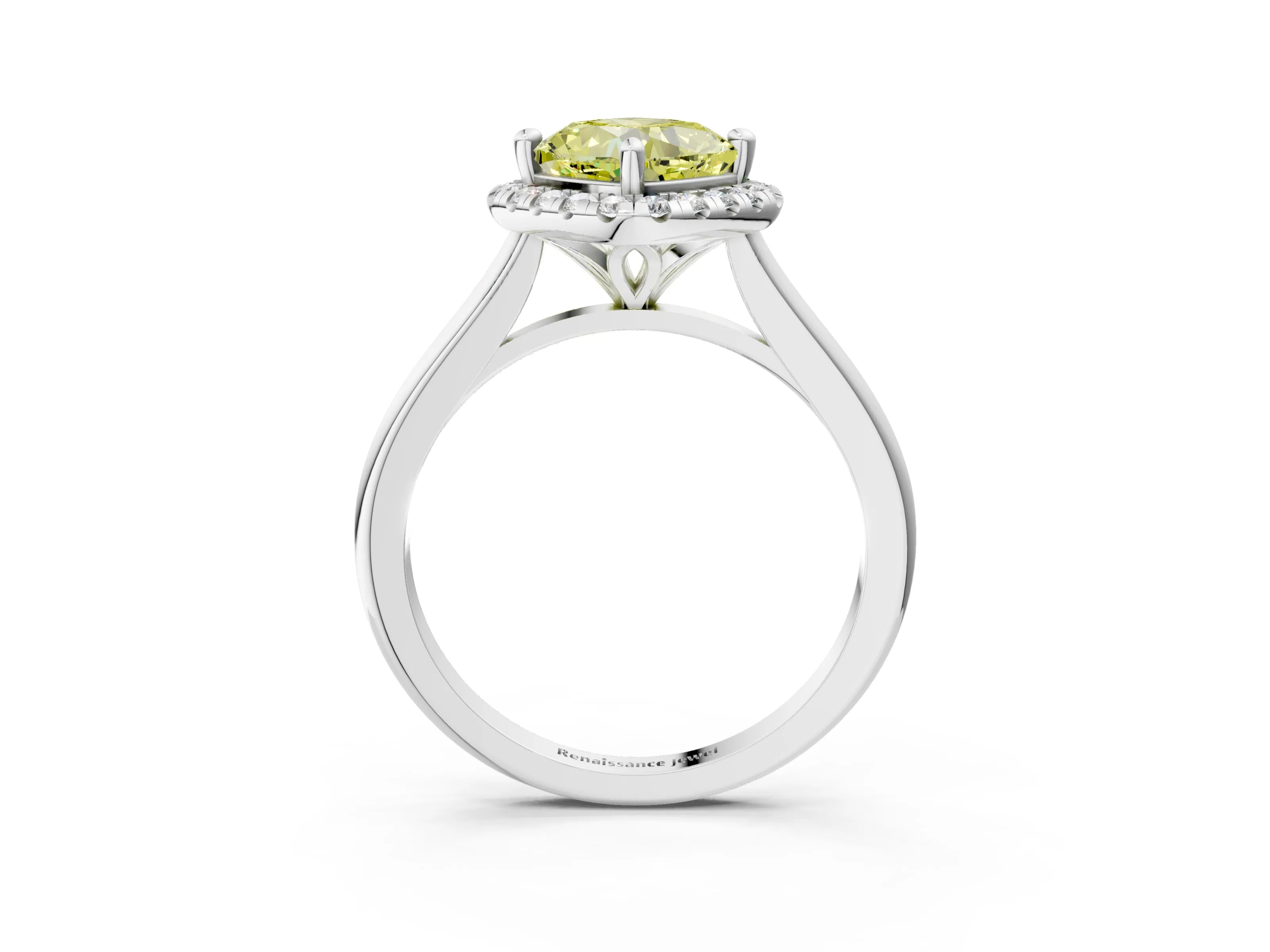 White gold Fancy Yellow Cushion Cut Halo Round Diamond Solitaire Engagement Ring with Pave Band and Four-Prong Setting_27