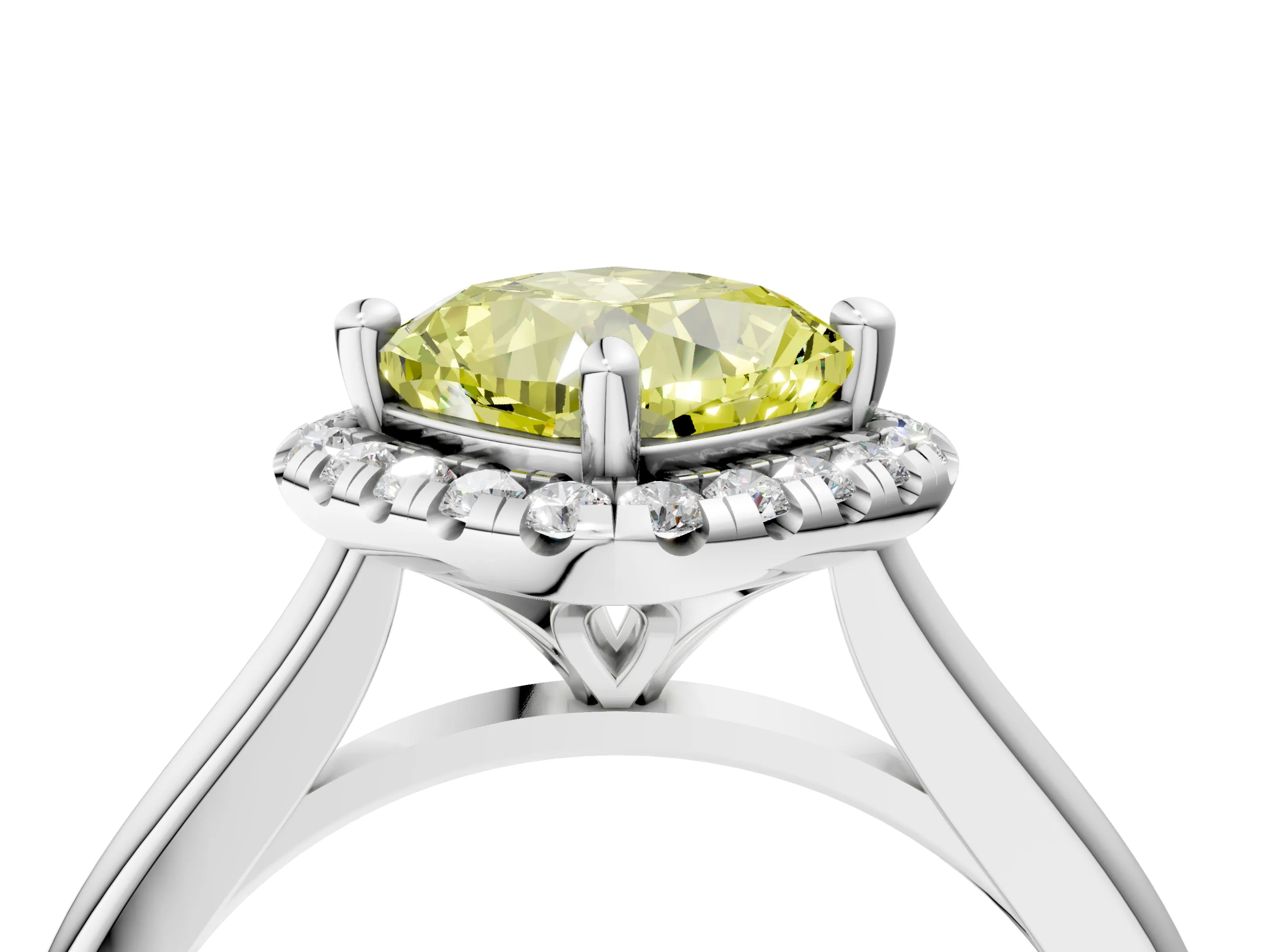 White gold Fancy Yellow Cushion Cut Halo Round Diamond Solitaire Engagement Ring with Pave Band and Four-Prong Setting_28