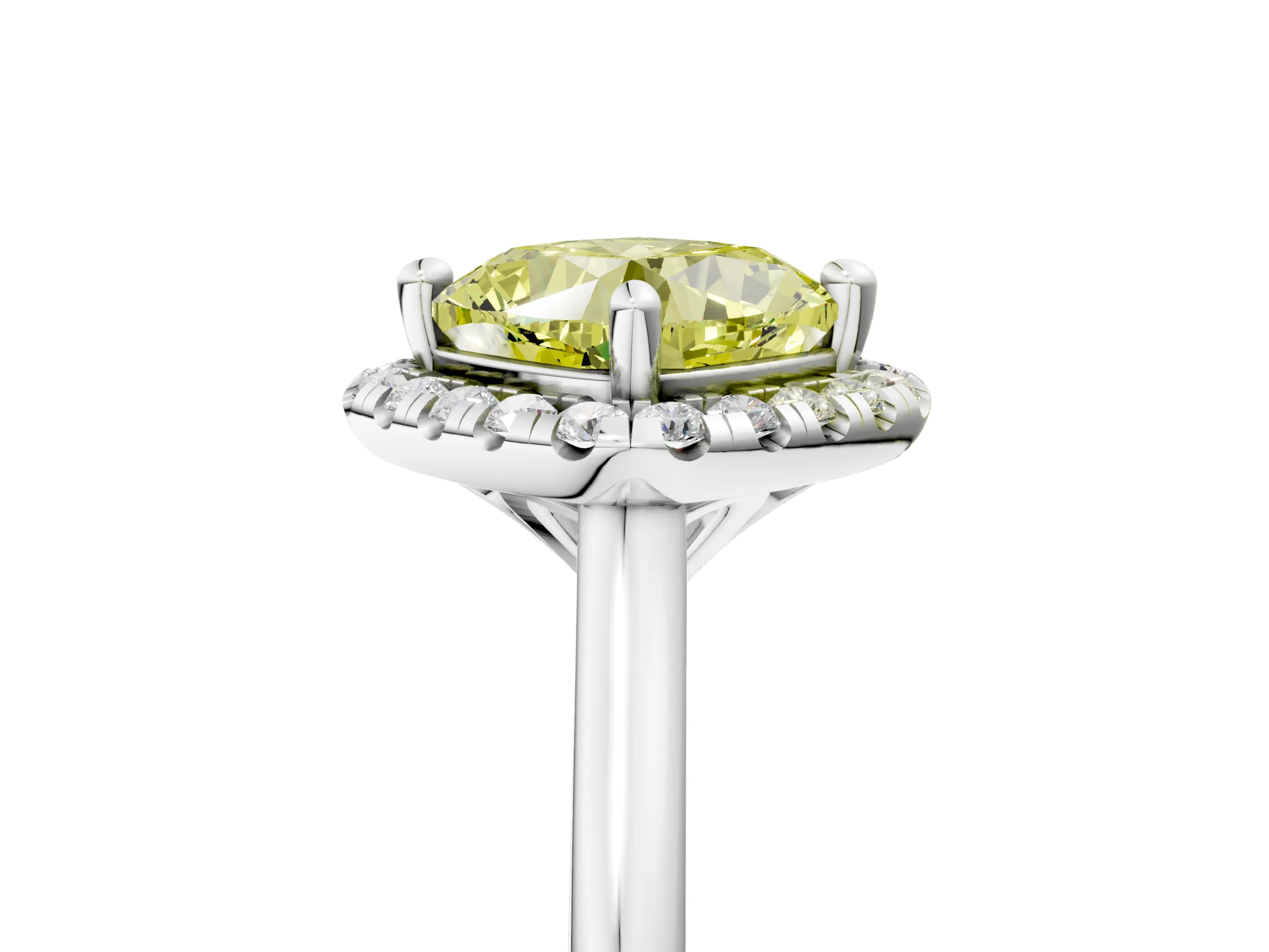 White gold Fancy Yellow Cushion Cut Halo Round Diamond Solitaire Engagement Ring with Pave Band and Four-Prong Setting_29