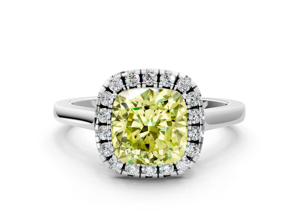 Platinum Fancy Yellow Cushion Cut Halo Round Diamond Solitaire Ring with Pavé Band and Four-Prong Setting