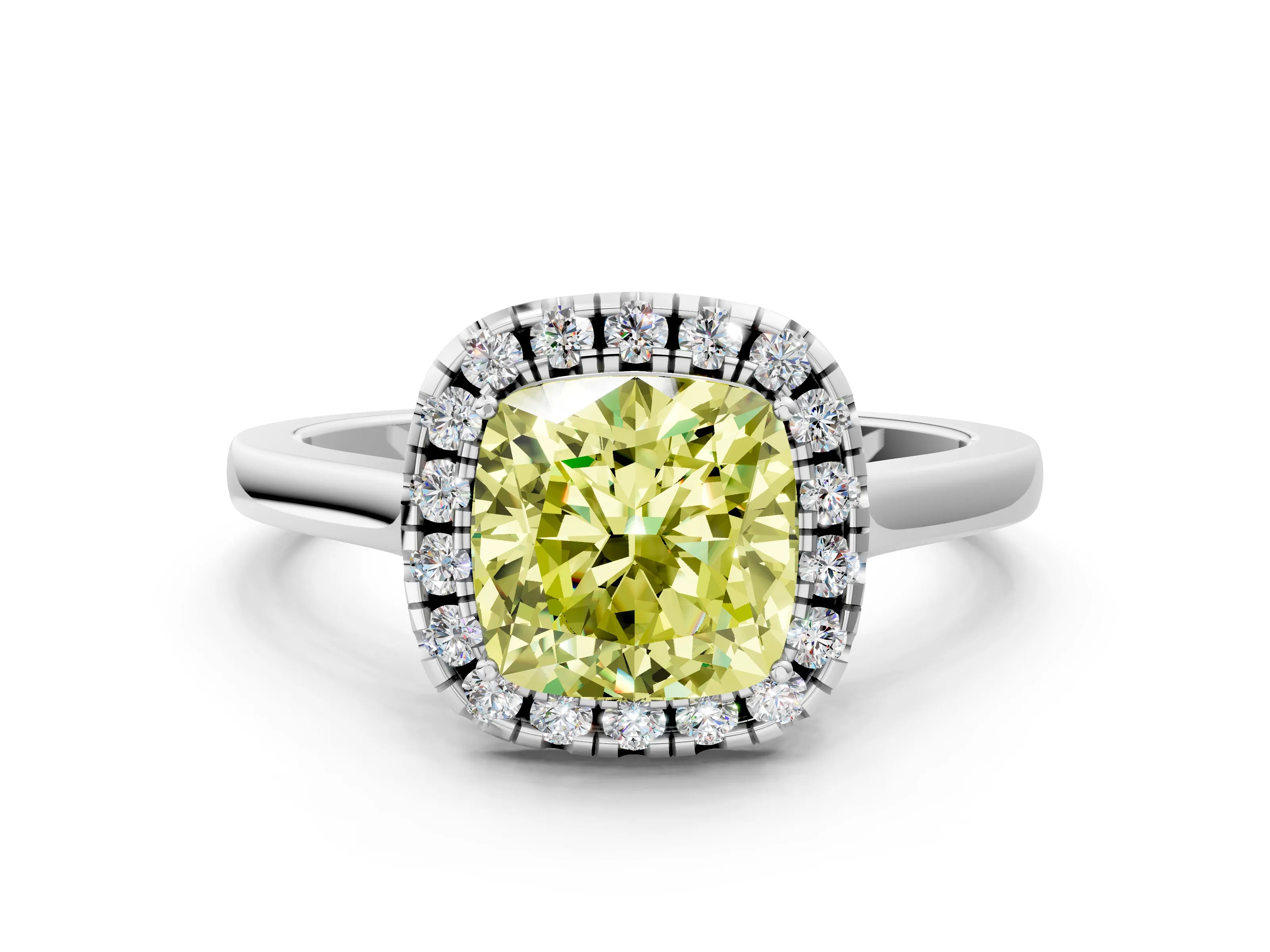 White gold Fancy Yellow Cushion Cut Halo Round Diamond Solitaire Ring with Pavé Band and Four-Prong Setting_12