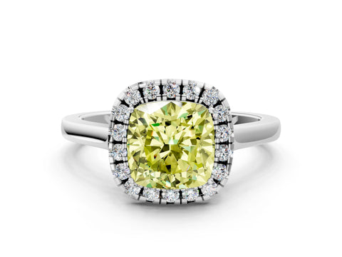 White gold Fancy Yellow Cushion Cut Halo Round Diamond Solitaire Ring with Pavé Band and Four-Prong Setting_12