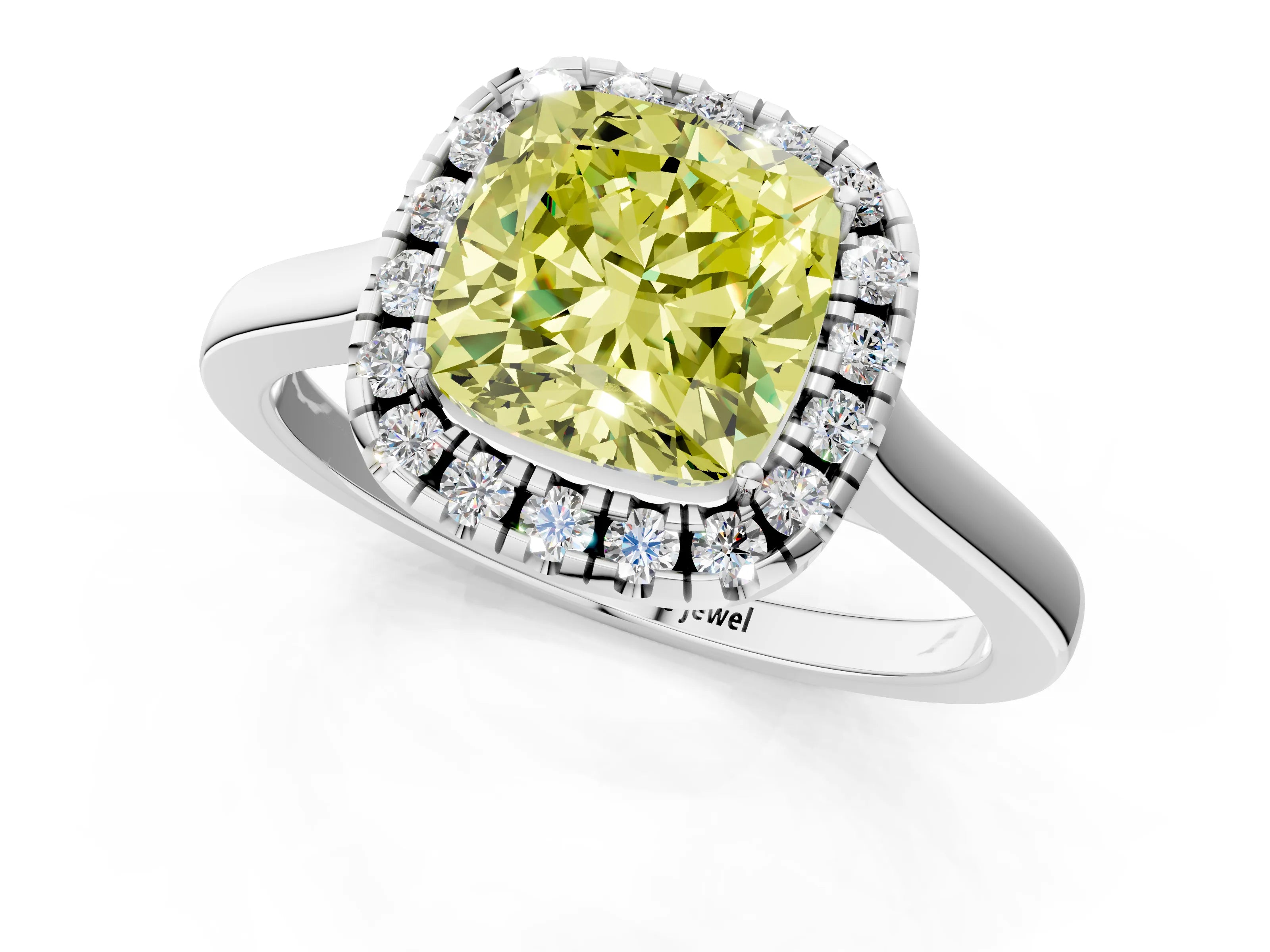White gold Fancy Yellow Cushion Cut Halo Round Diamond Solitaire Ring with Pavé Band and Four-Prong Setting_13