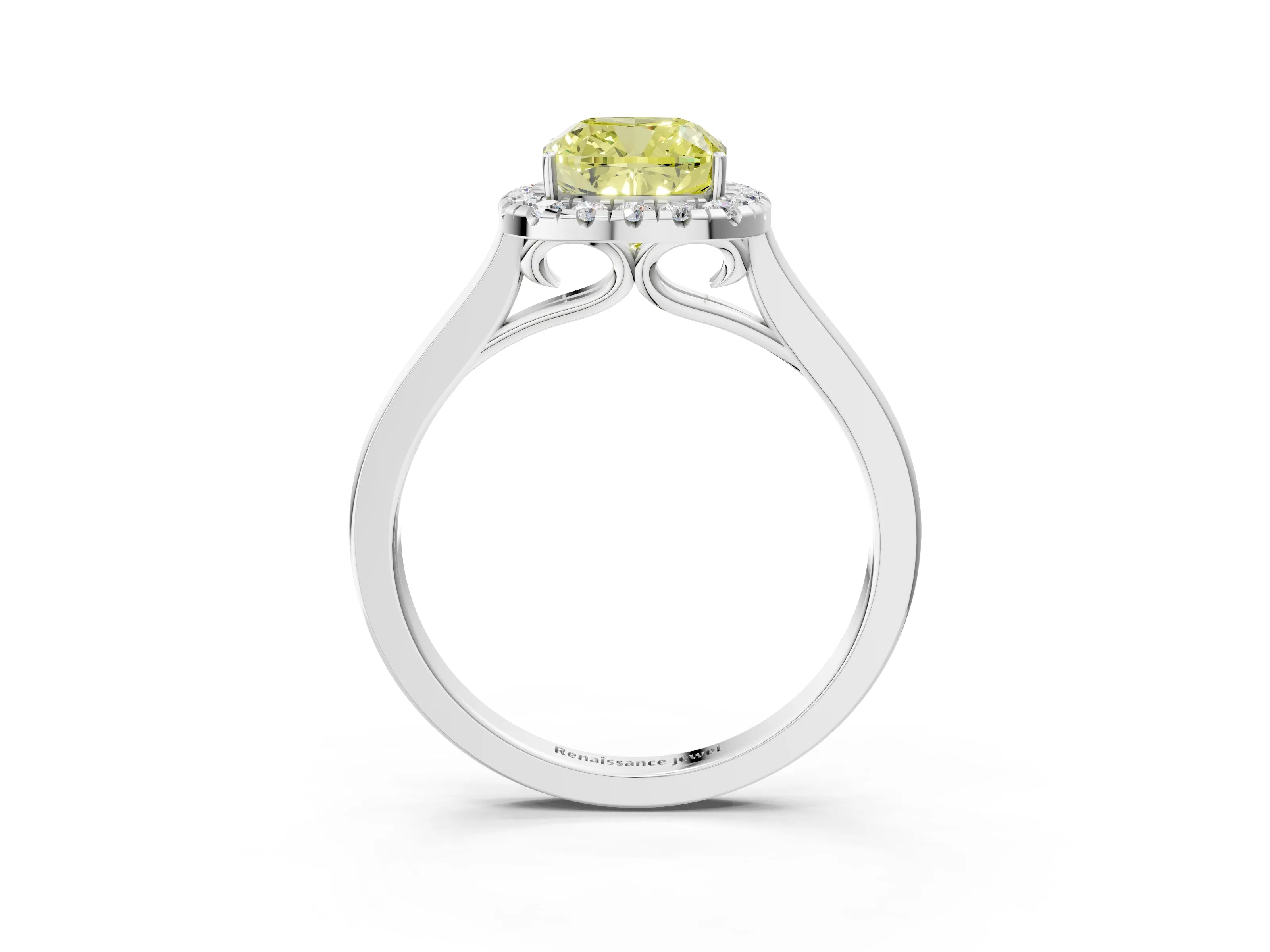 White gold Fancy Yellow Cushion Cut Halo Round Diamond Solitaire Ring with Pavé Band and Four-Prong Setting_15