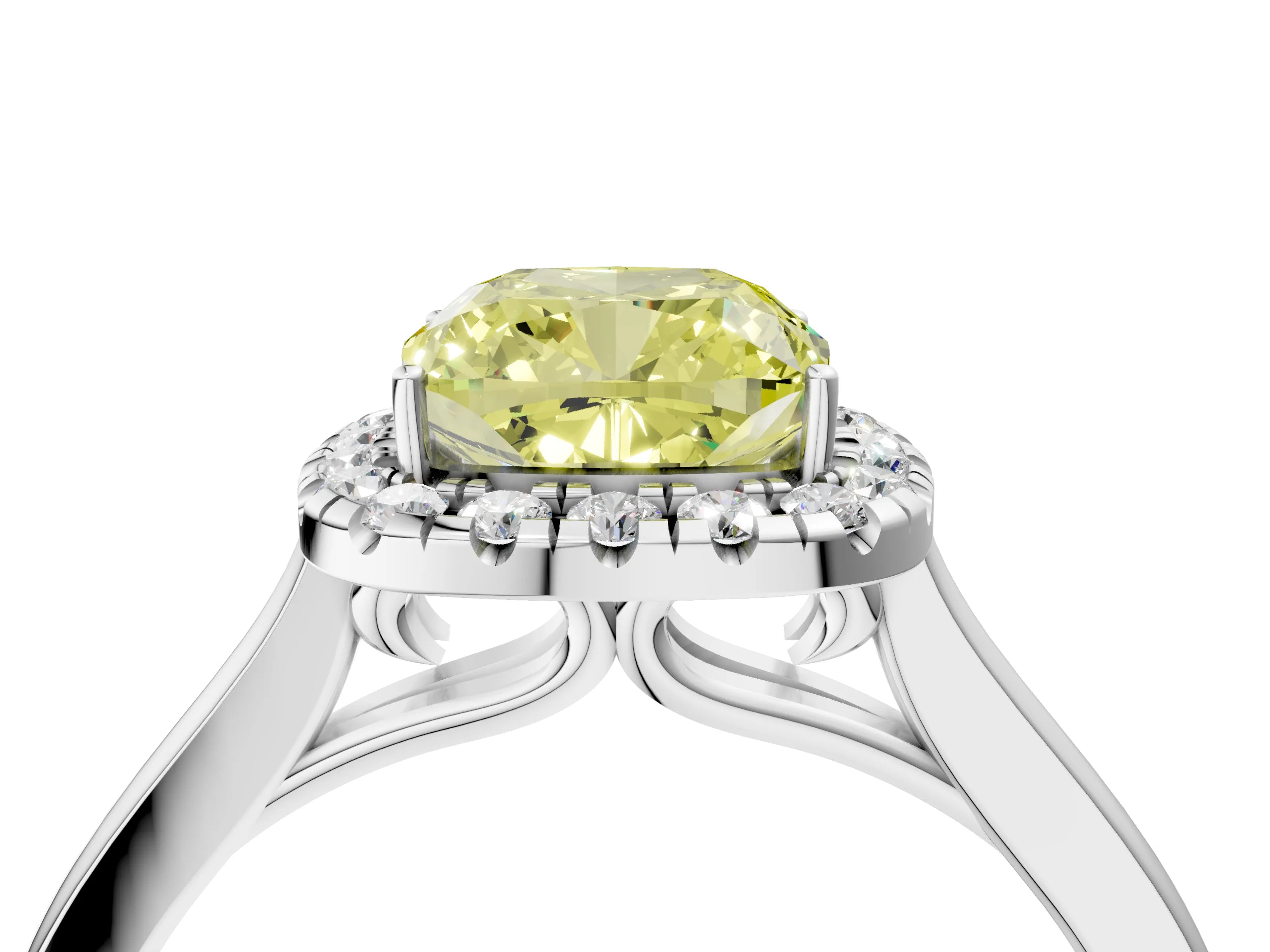 White gold Fancy Yellow Cushion Cut Halo Round Diamond Solitaire Ring with Pavé Band and Four-Prong Setting_16
