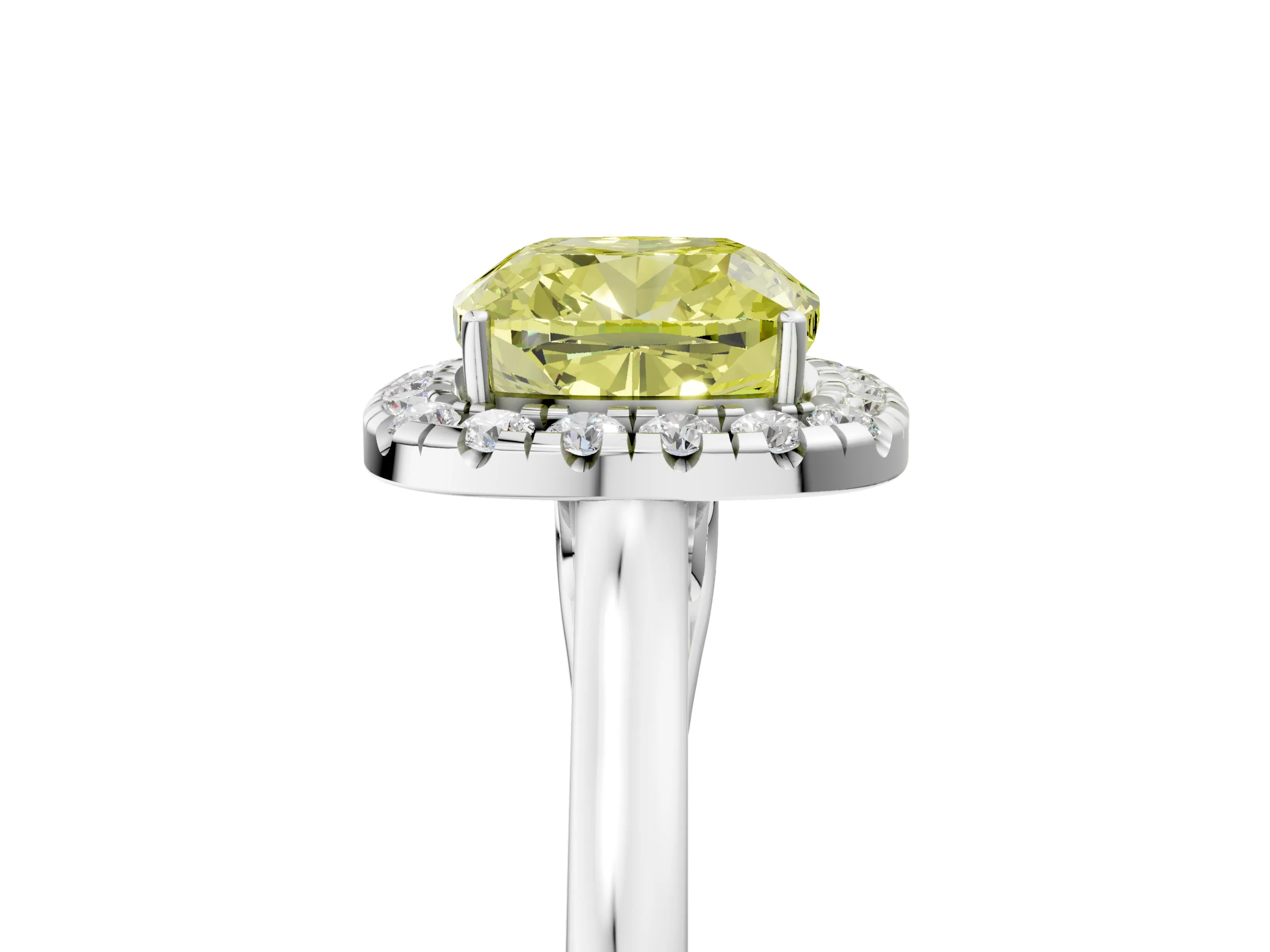 White gold Fancy Yellow Cushion Cut Halo Round Diamond Solitaire Ring with Pavé Band and Four-Prong Setting_17