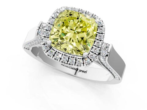 White gold Fancy Yellow Cushion Cut Halo Round Diamond Twist Band with Four-Prong Setting_1