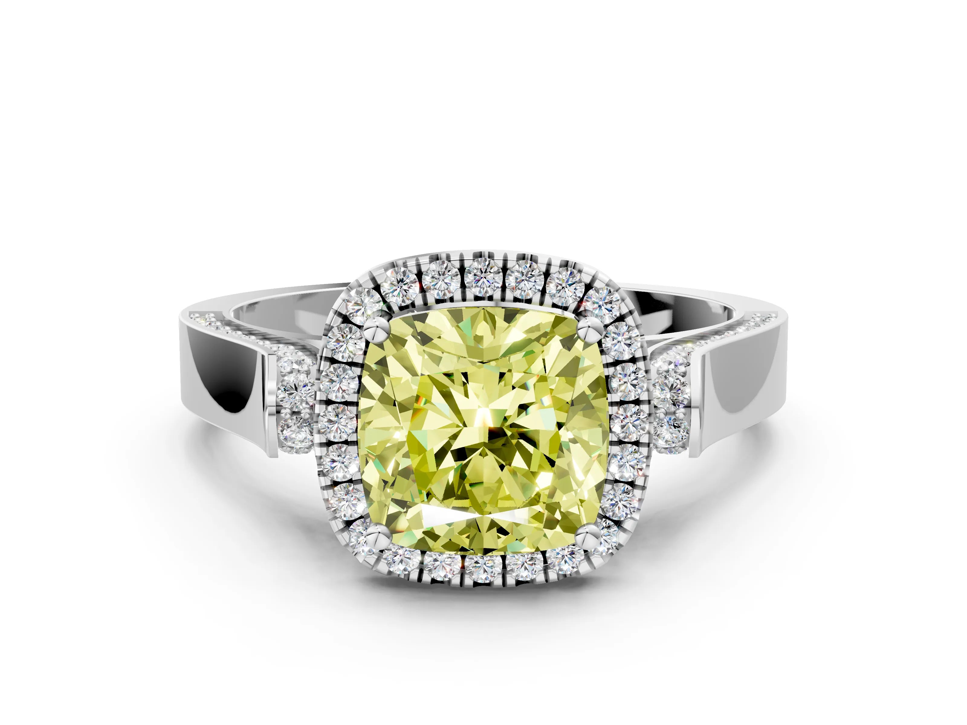White gold Fancy Yellow Cushion Cut Halo Round Diamond Twist Band with Four-Prong Setting_24