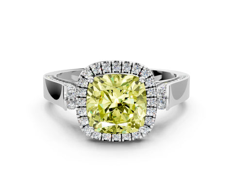 White gold Fancy Yellow Cushion Cut Halo Round Diamond Twist Band with Four-Prong Setting_24