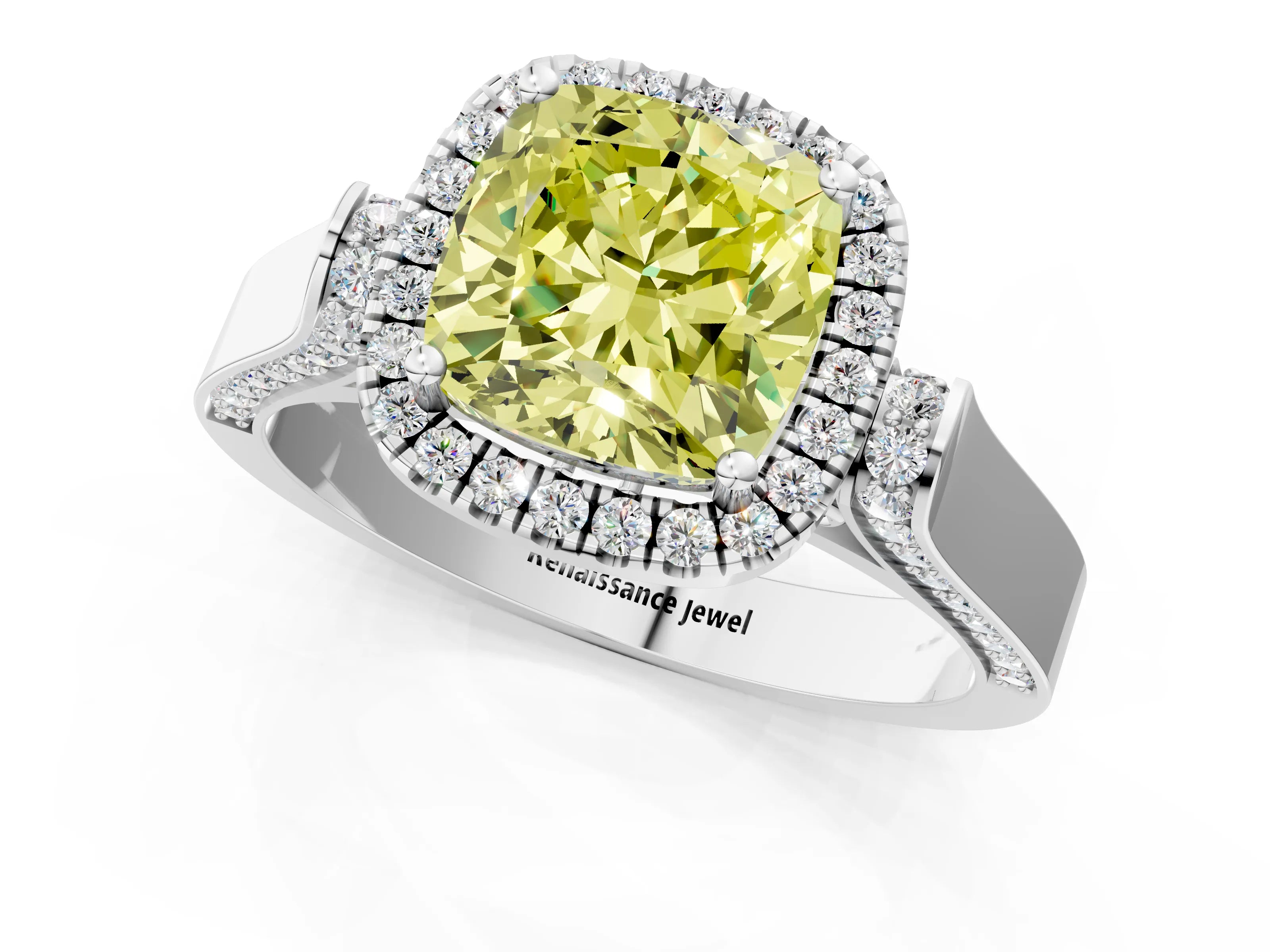 White gold Fancy Yellow Cushion Cut Halo Round Diamond Twist Band with Four-Prong Setting_25