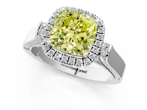White gold Fancy Yellow Cushion Cut Halo Round Diamond Twist Band with Four-Prong Setting_25