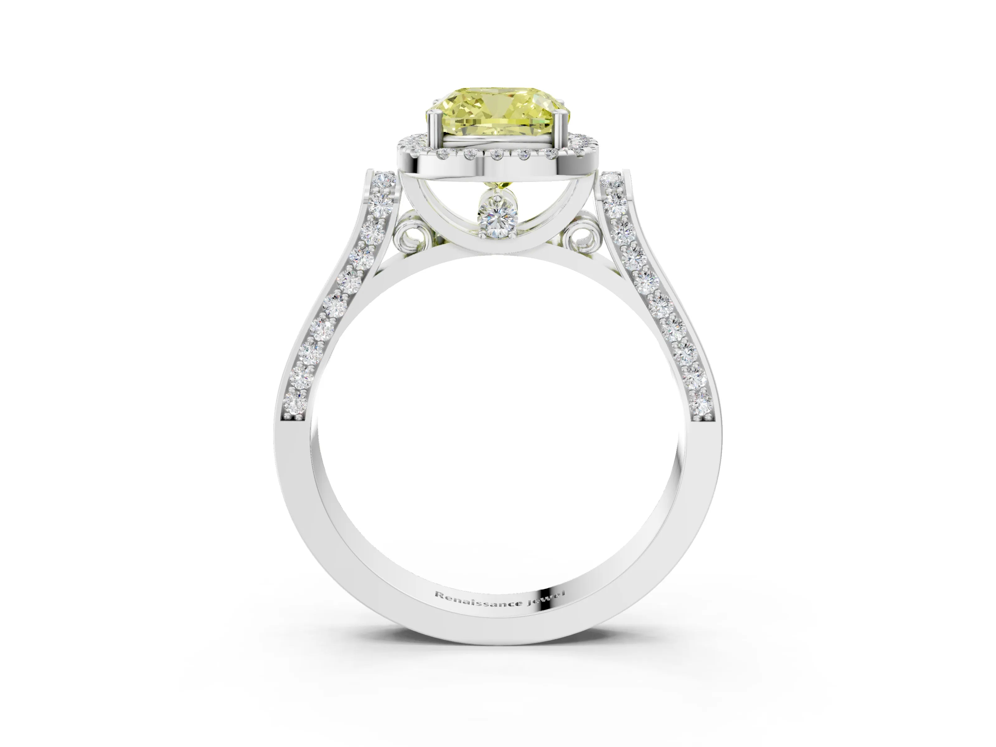White gold Fancy Yellow Cushion Cut Halo Round Diamond Twist Band with Four-Prong Setting_27