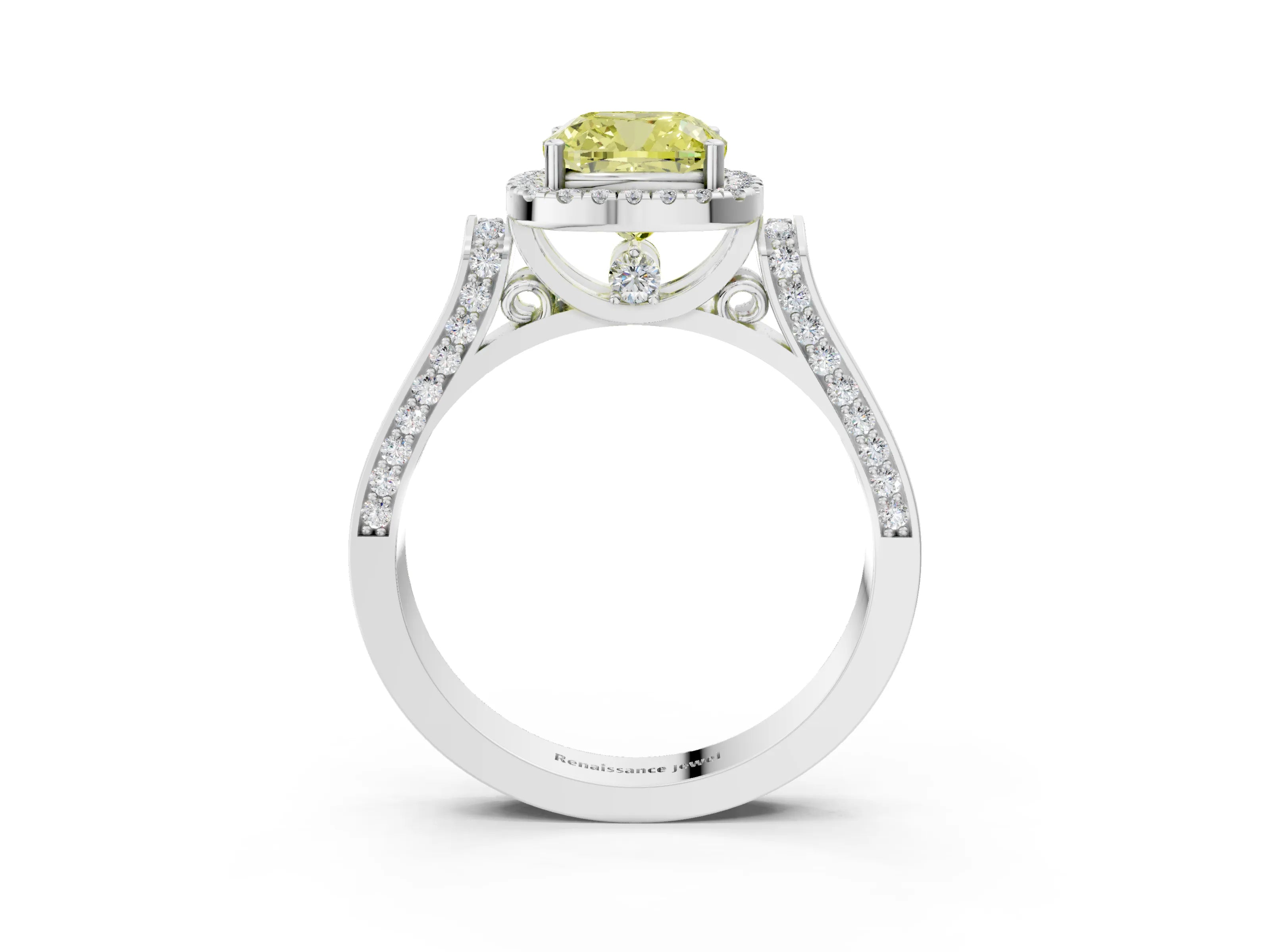 White gold Fancy Yellow Cushion Cut Halo Round Diamond Twist Band with Four-Prong Setting_3