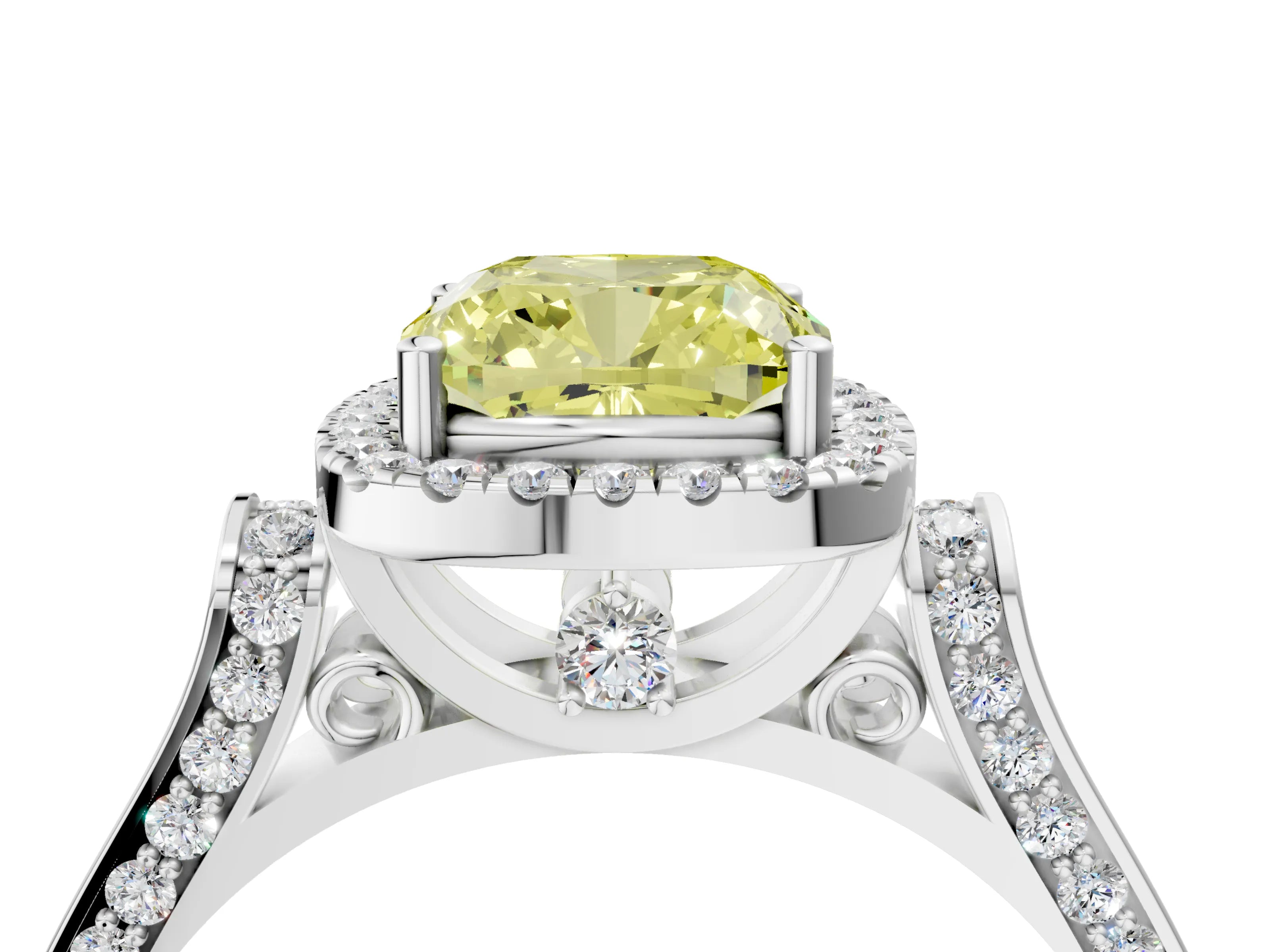 White gold Fancy Yellow Cushion Cut Halo Round Diamond Twist Band with Four-Prong Setting_4