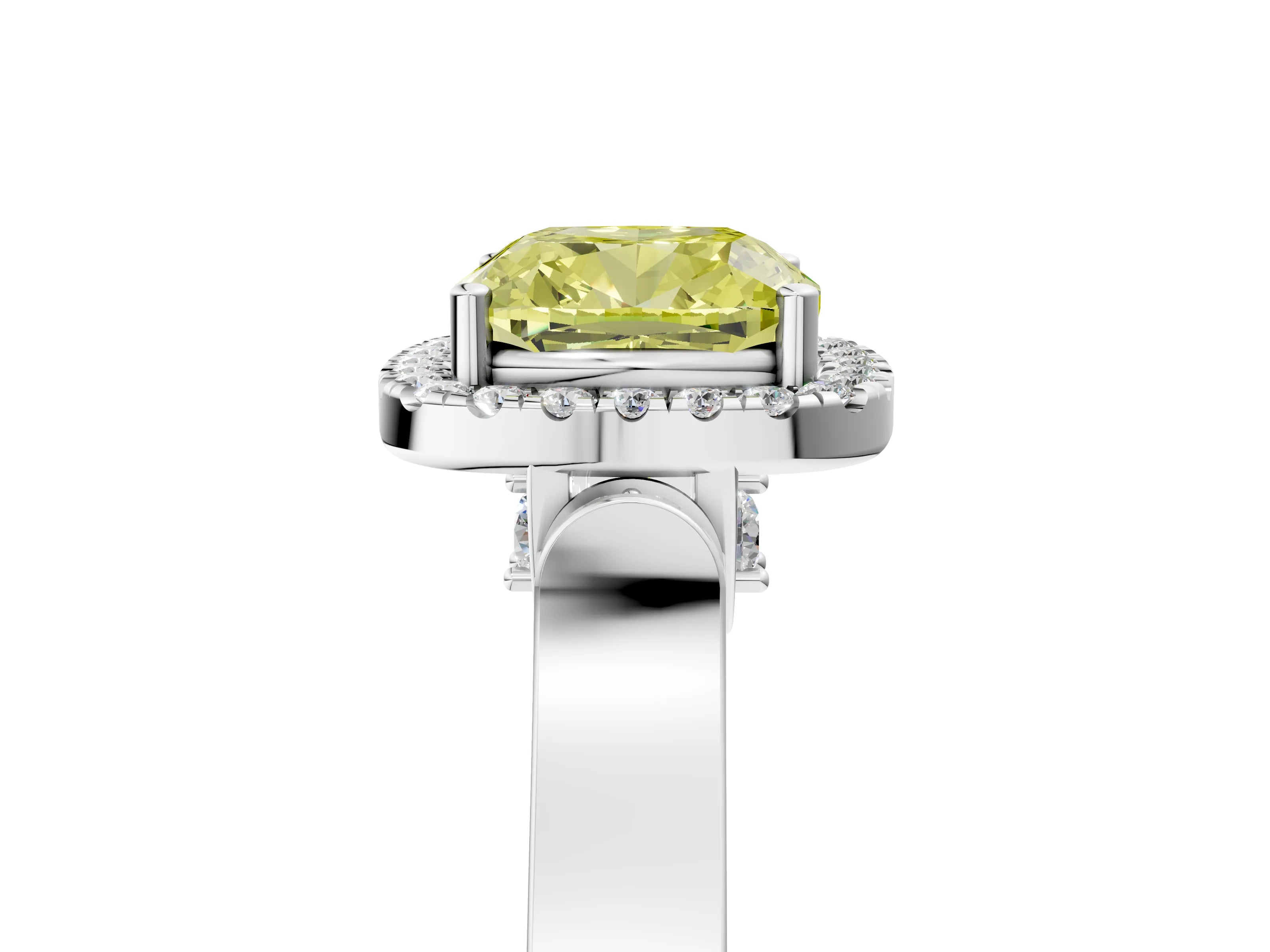 White gold Fancy Yellow Cushion Cut Halo Round Diamond Twist Band with Four-Prong Setting_5
