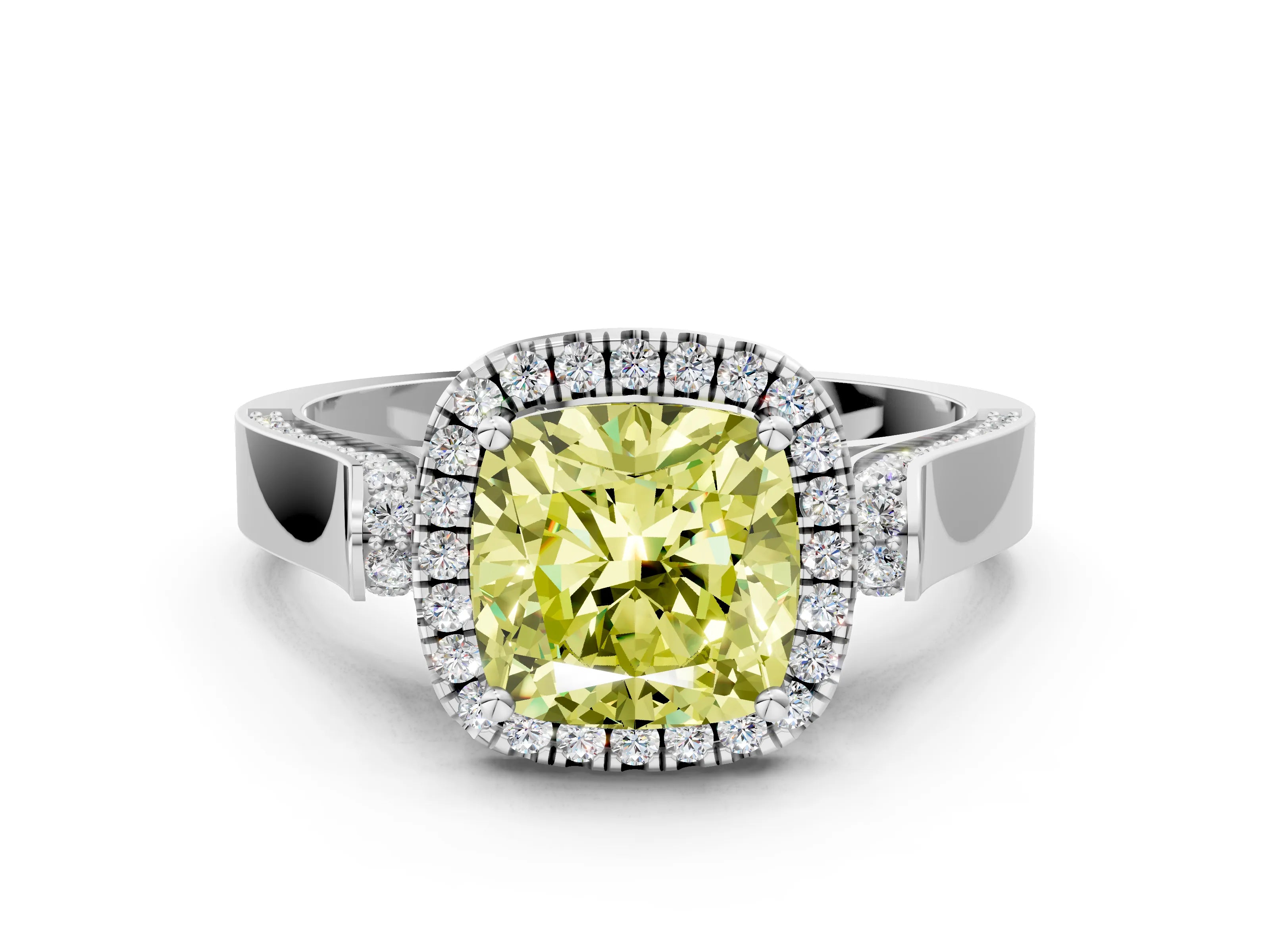 White gold Fancy Yellow Cushion Cut Halo Round Diamond Twist Band with Four-Prong Setting