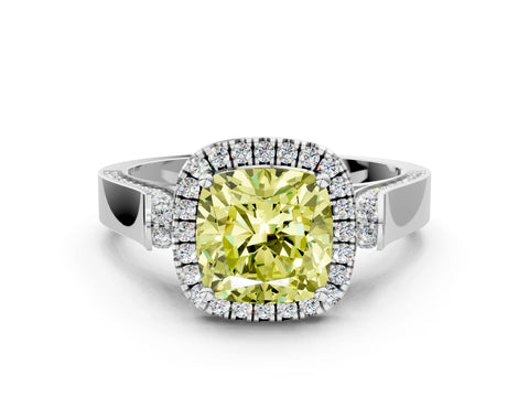 White gold Fancy Yellow Cushion Cut Halo Round Diamond Twist Band with Four-Prong Setting